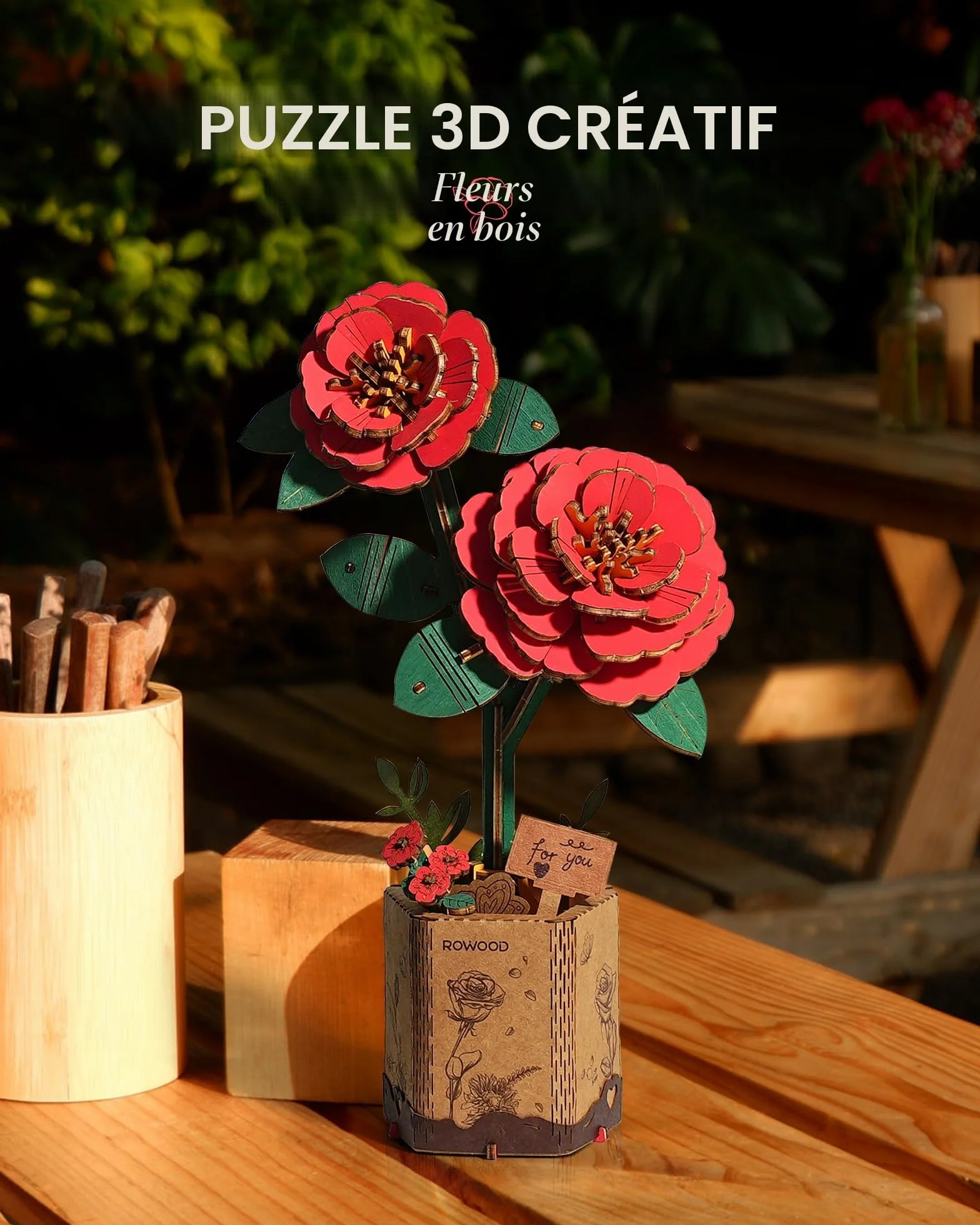 rowood Puzzle 3D Fleur en Bois Kit de Modélisation de Fleurs Artificielles à Assembler pour Adultes (Red Camellia)