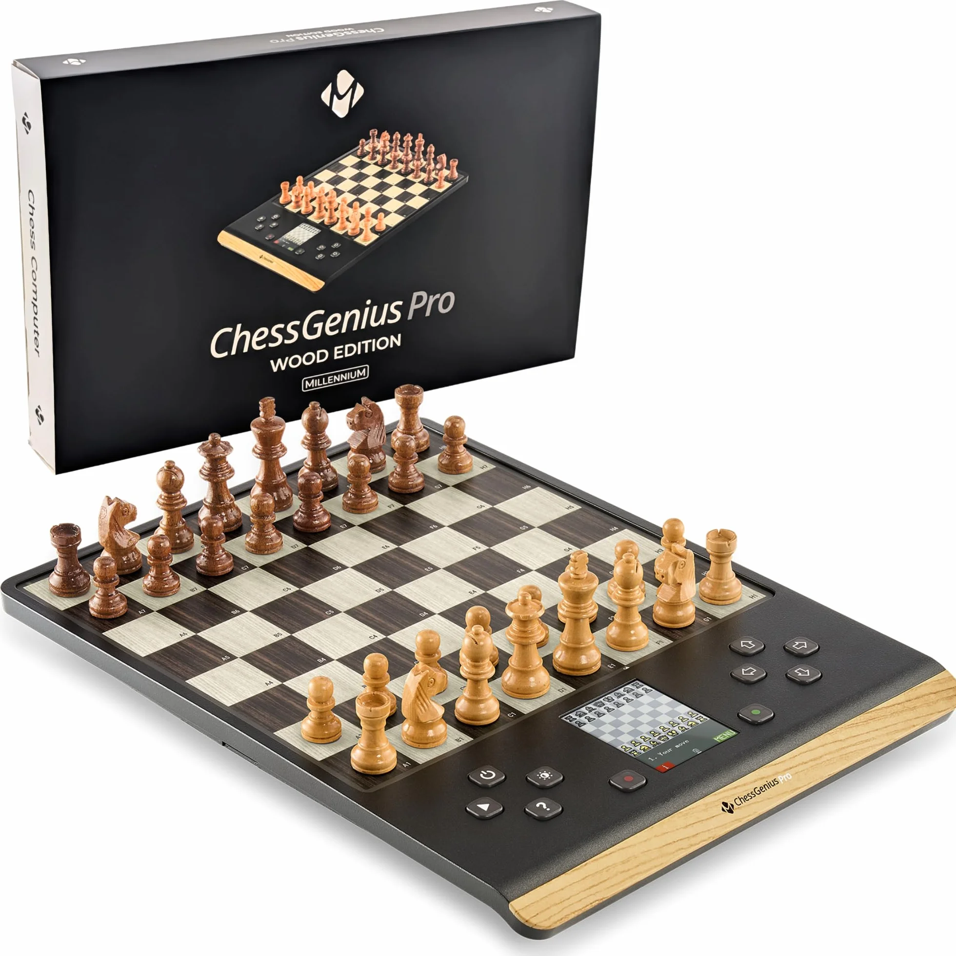 Ordinateur d'échecs MILLENNIUM ChessGenius Pro Wood Edition – Design élégant en Bois avec des pièces en Bois véritable, idéal pour Les Joueurs Amateurs grâce à Ses Fonctions d'apprentissage par IA