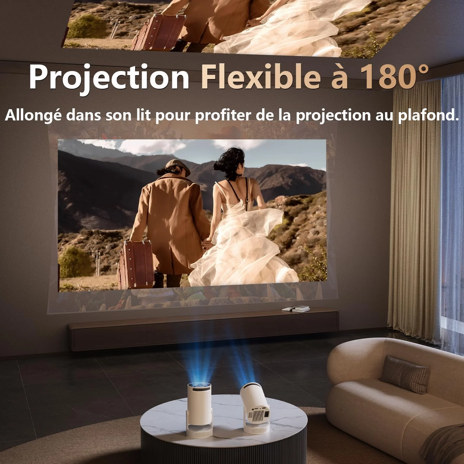 Mini Projecteur 4K 1080P Android 11 WiFi 6 Bluetooth 5.0 300 Lumens ANSI Keystone Vertical Auto Haut-Parleur HiFi Blanc