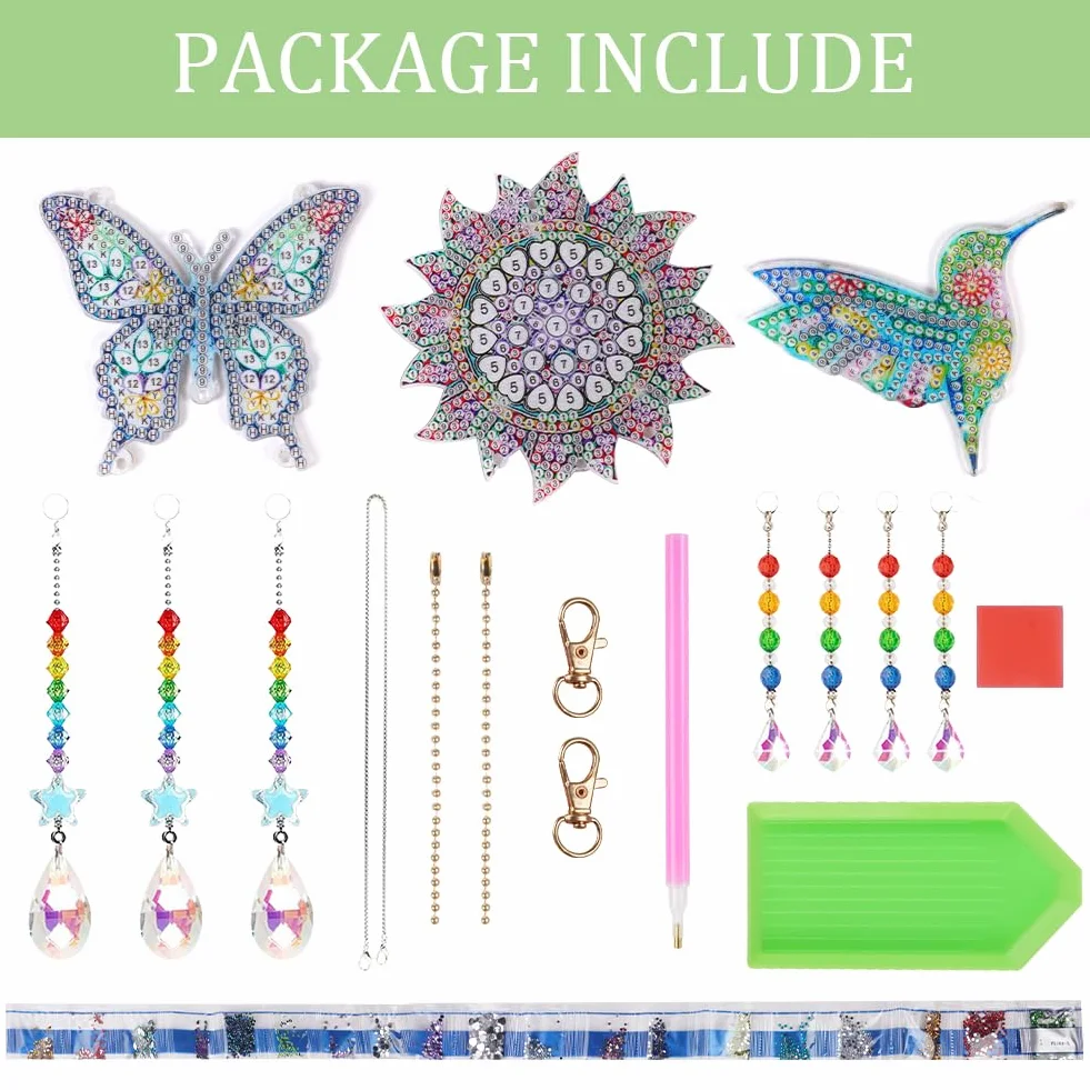 Aolso Carillon à Vent en Cristal 5D Diamant Peinture 3 Pièces DIY Strass Double Face Papillon