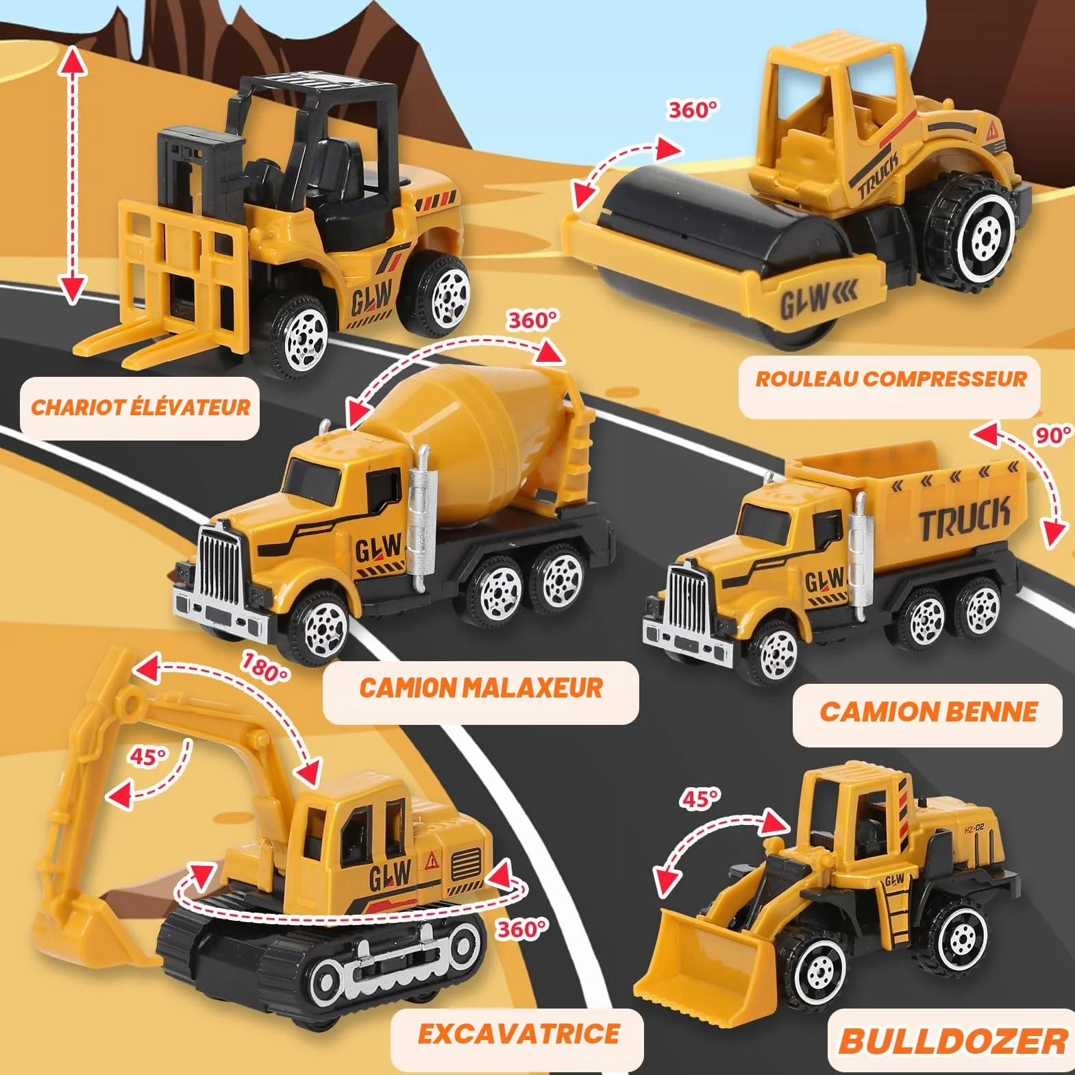 Véhicules de chantier pour garçons 3-7 ans - Camions, grues, pelles, bennes - Jouets de construction