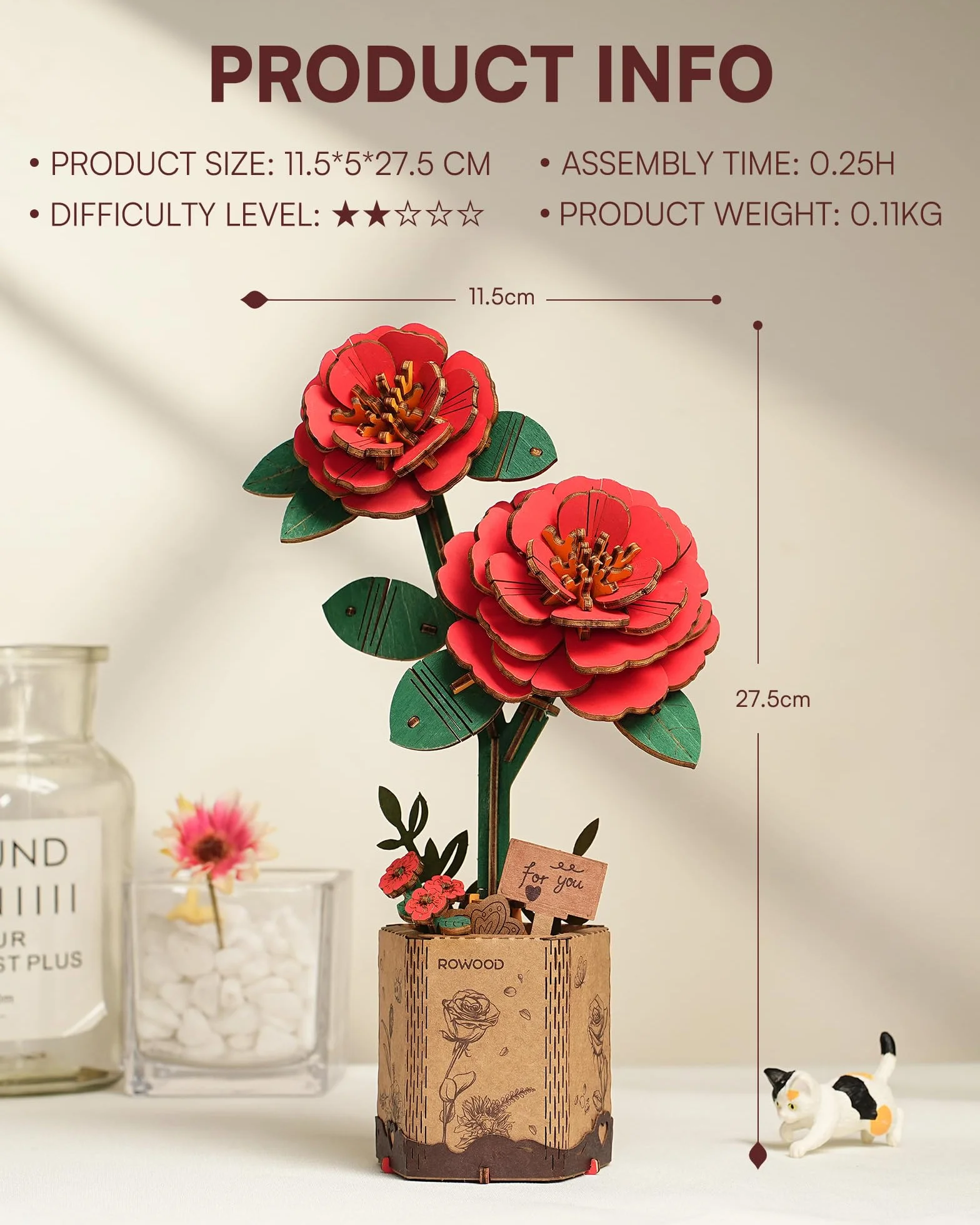 rowood Puzzle 3D Fleur en Bois Kit de Modélisation de Fleurs Artificielles à Assembler pour Adultes (Red Camellia)