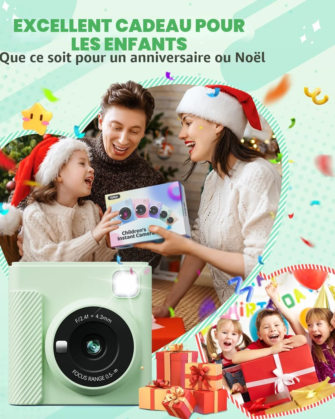 TIATUA Appareil Photo Instantané Enfants 1080P Numérique avec Carte 32GB et Papier d'Impression, Cadeau 3-12 Ans