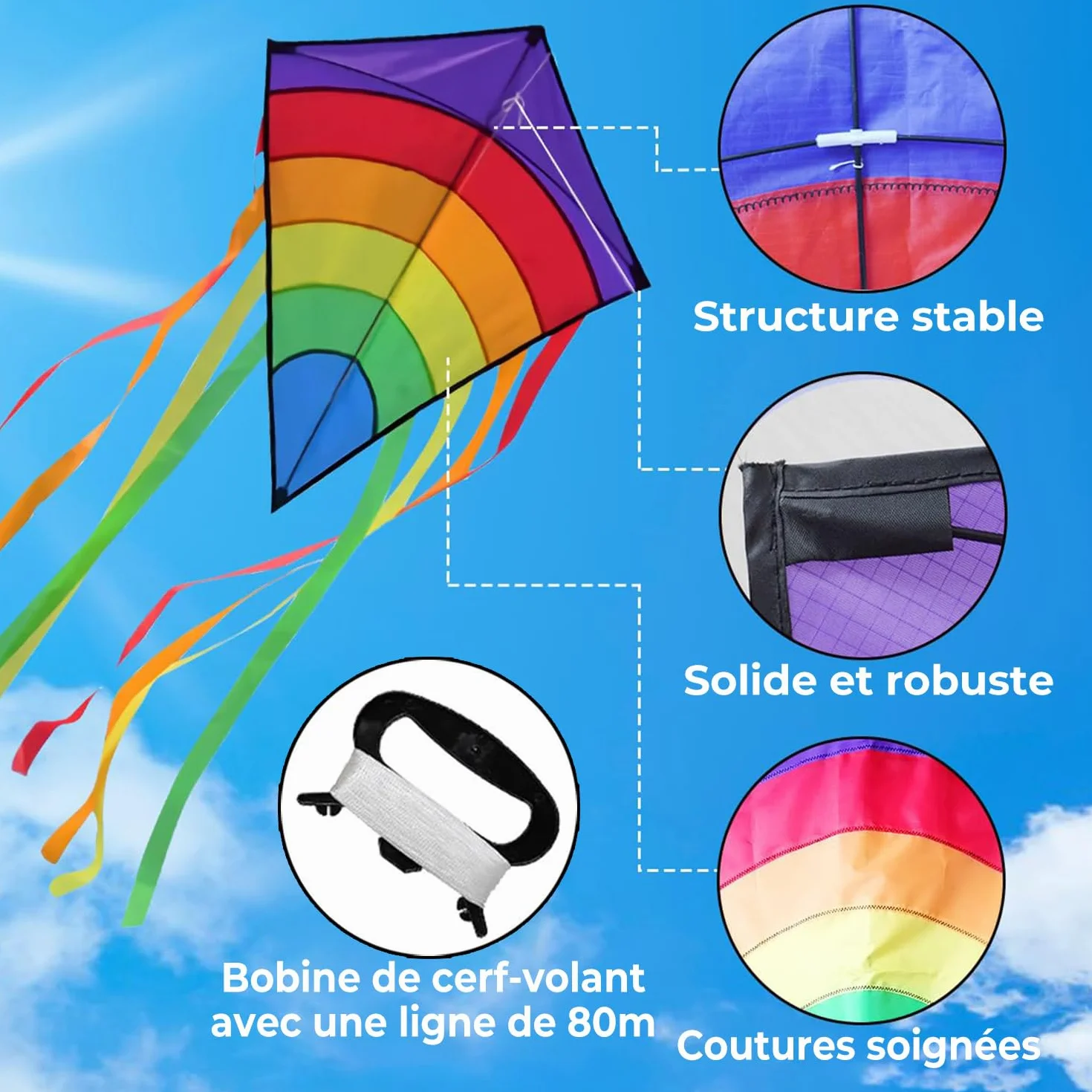 Cerf Volant Enfant Adulte Diamant Rainbow Eddy Facile à Piloter Jeux Plage