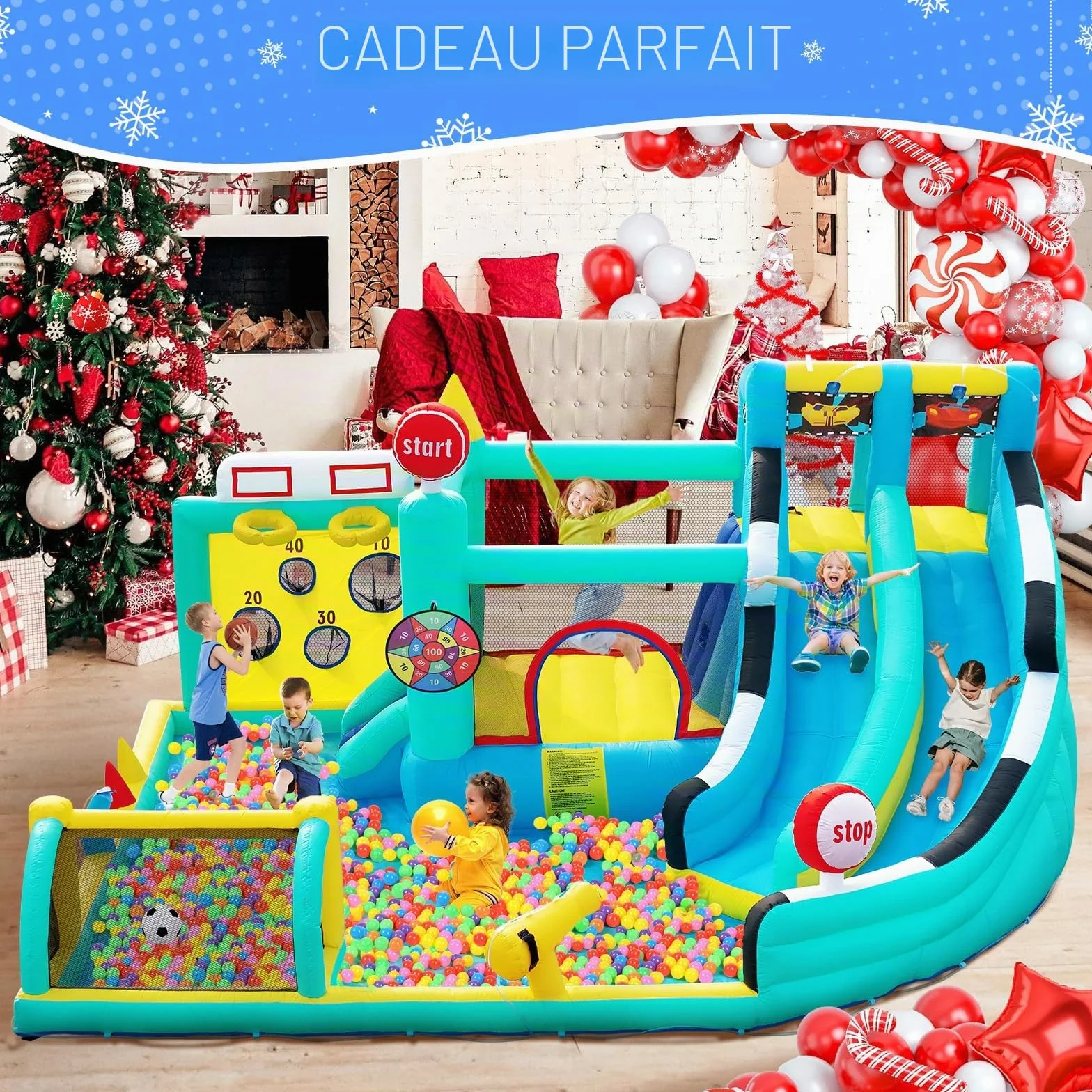 Château Gonflable XXL avec Toboggan pour Enfants Extérieur, Aire de Jeux avec Trampoline, Murs d'escalade, Piscine, 470×400×220cm, 225kg