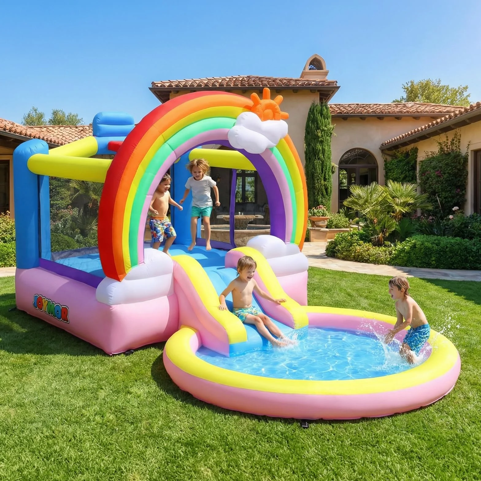 Bonnlo Chateau Gonflable avec Piscine à Balles, Toboggan Aquatique et Trampoline pour Enfant, Thème Arc-en-Ciel