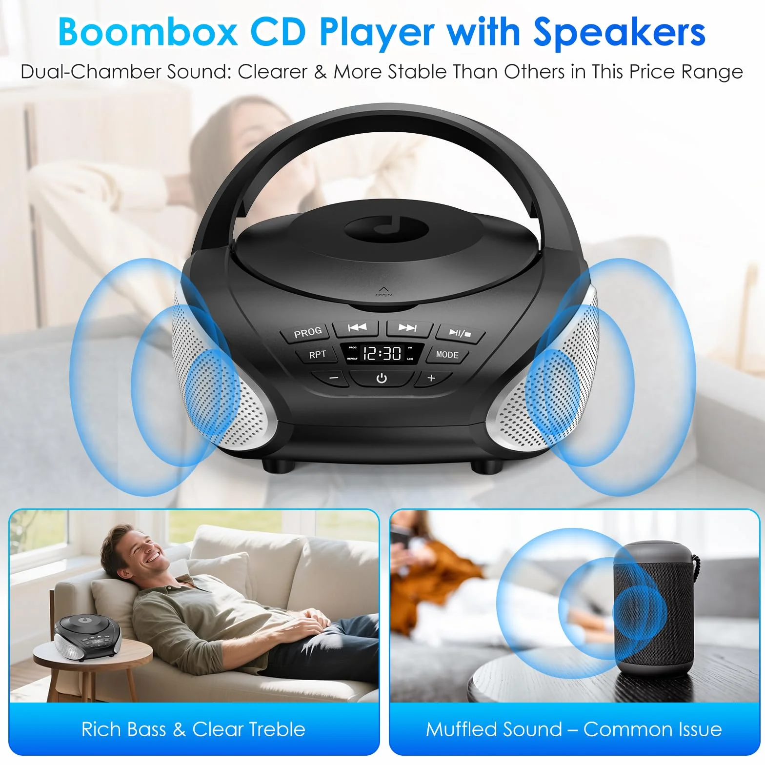 Lecteur CD Portable Boombox Radio FM Stéréo avec Entrée AUX 3,5 mm Jack Casque Écran LCD Noir Argent