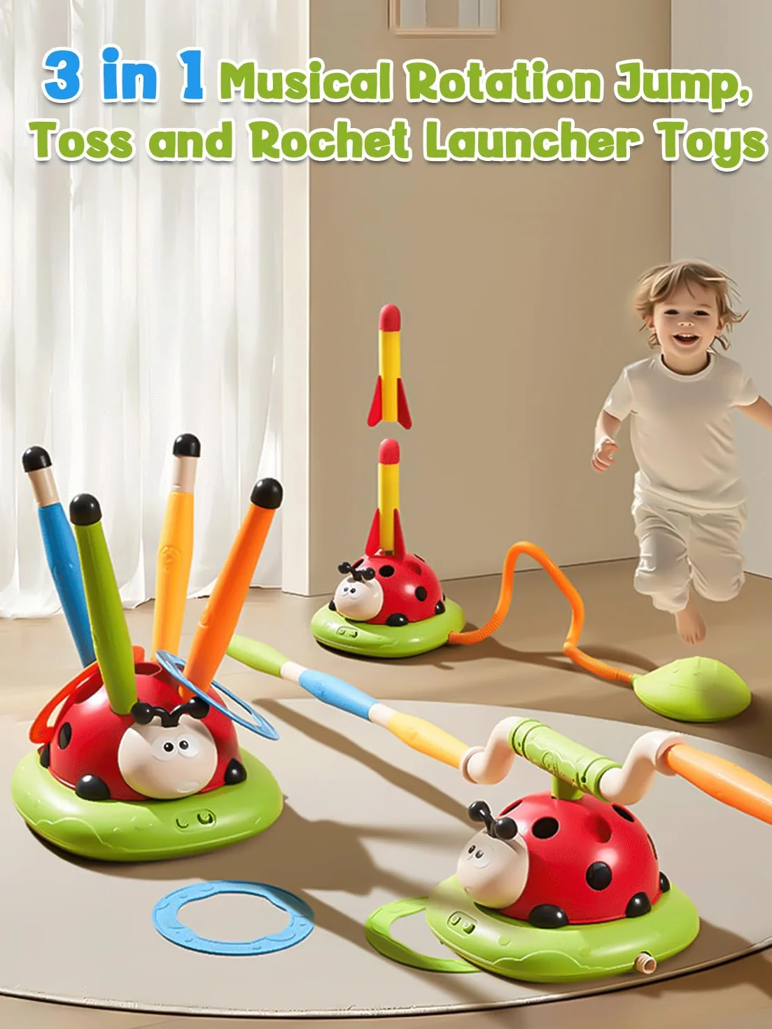 3 IN 1 Jeux Exterieur Enfant Kit, Jeu de Lancer d’Anneaux, Fusée Jouet, Saut Musical, Jeux Enfants 3-9 Ans Noel Cadeau Anniversaire