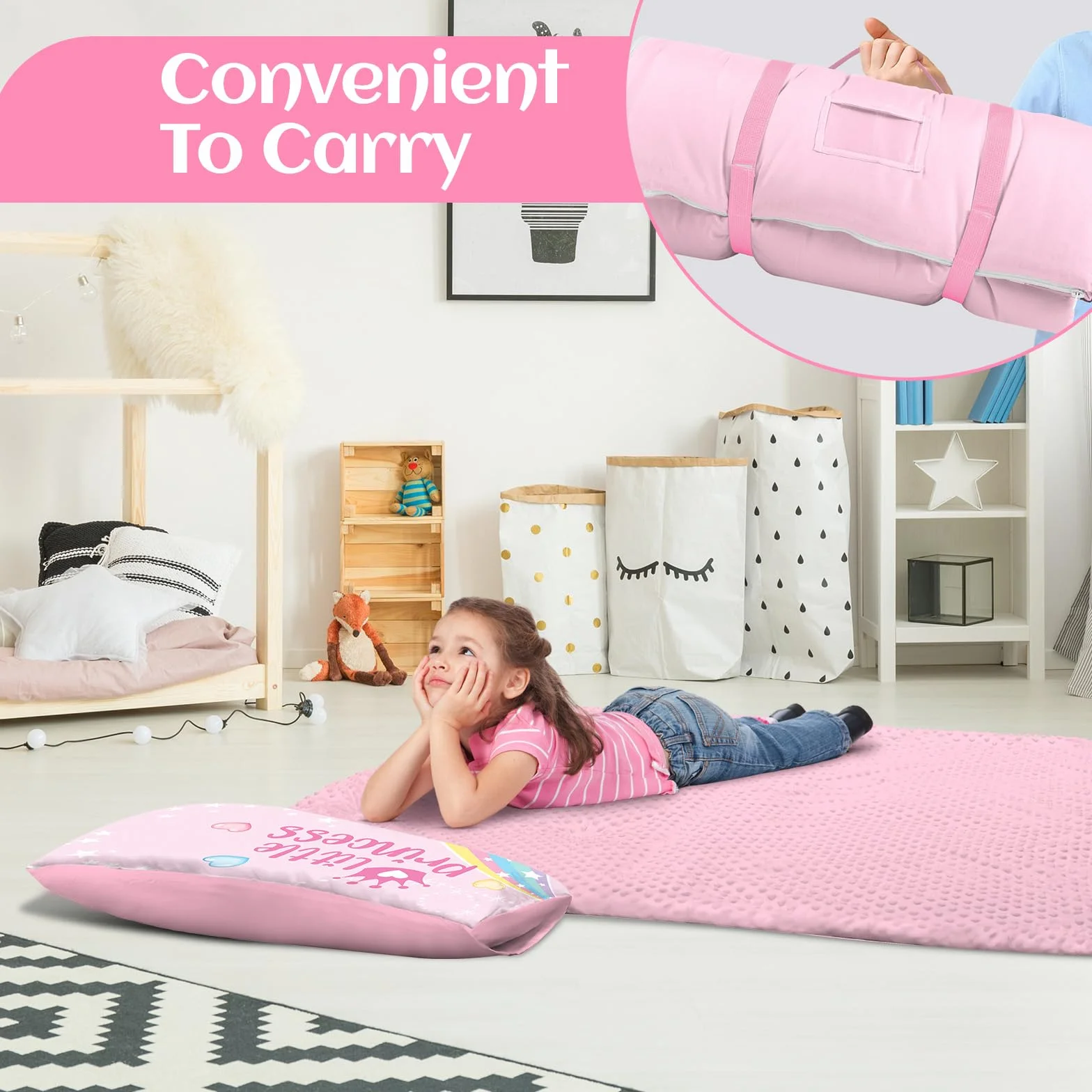 Sac Couchage Enfants 150x60cm avec Couverture et Oreiller Amovibles Léger Garcon Fille 3-7 Ans Voyage Camping