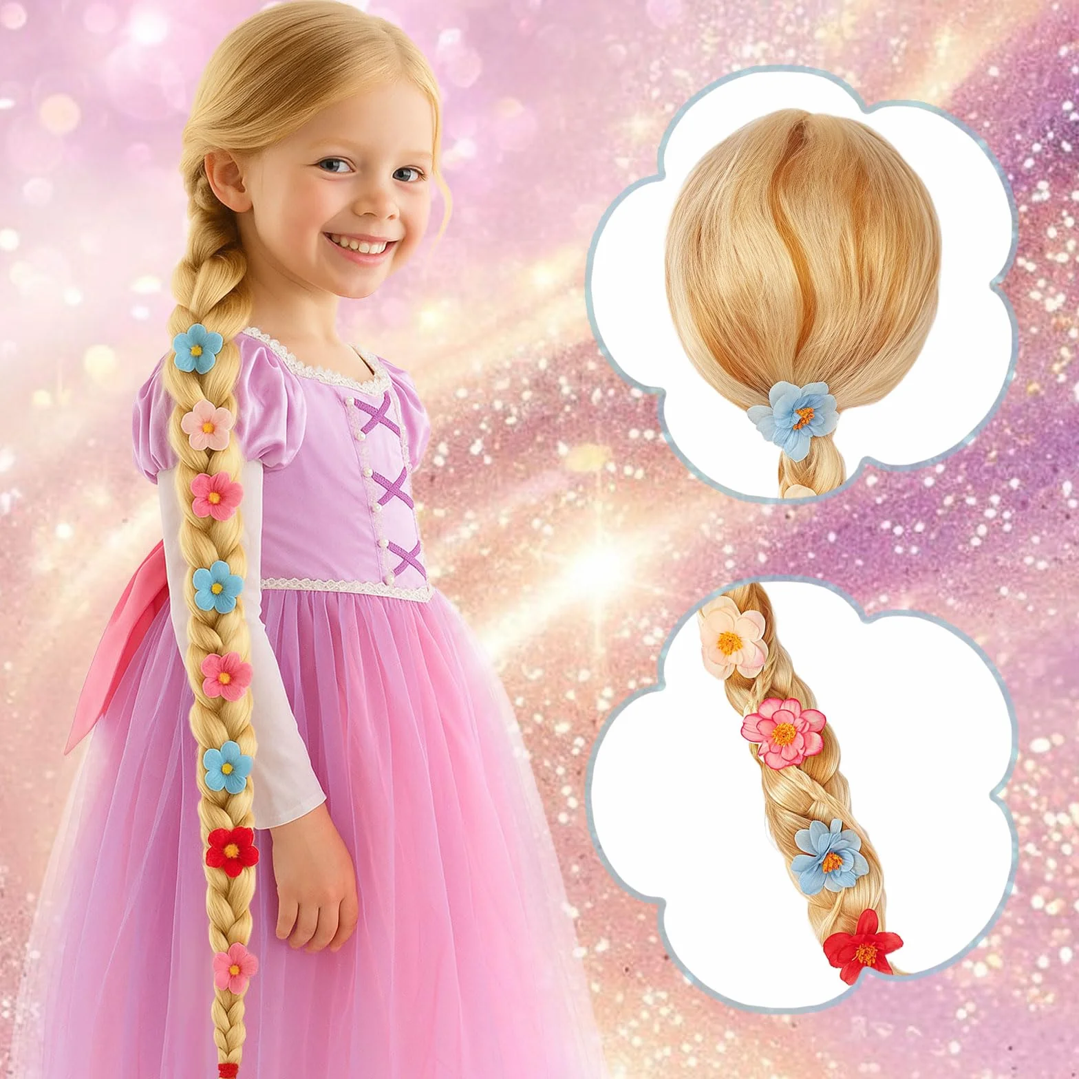 Perruque Princesse Fille, Perruque Rapunzel Blonde Tresse, Décoration Fleur Tie-Dye Costume Halloween