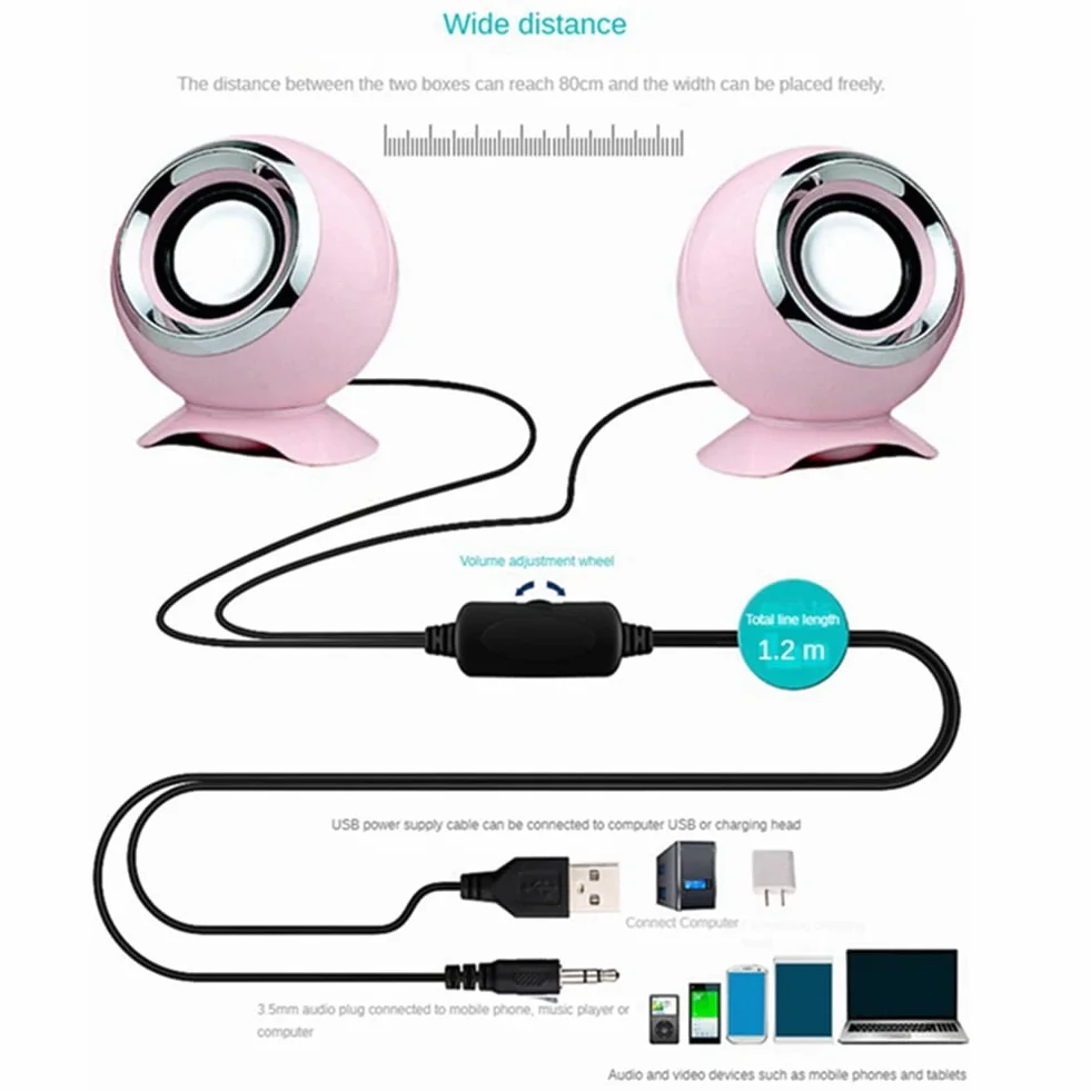 Haut-Parleurs USB 3,5 mm Filaire Stéréo HiFi avec Microphone pour PC Ordinateur Portable Rose
