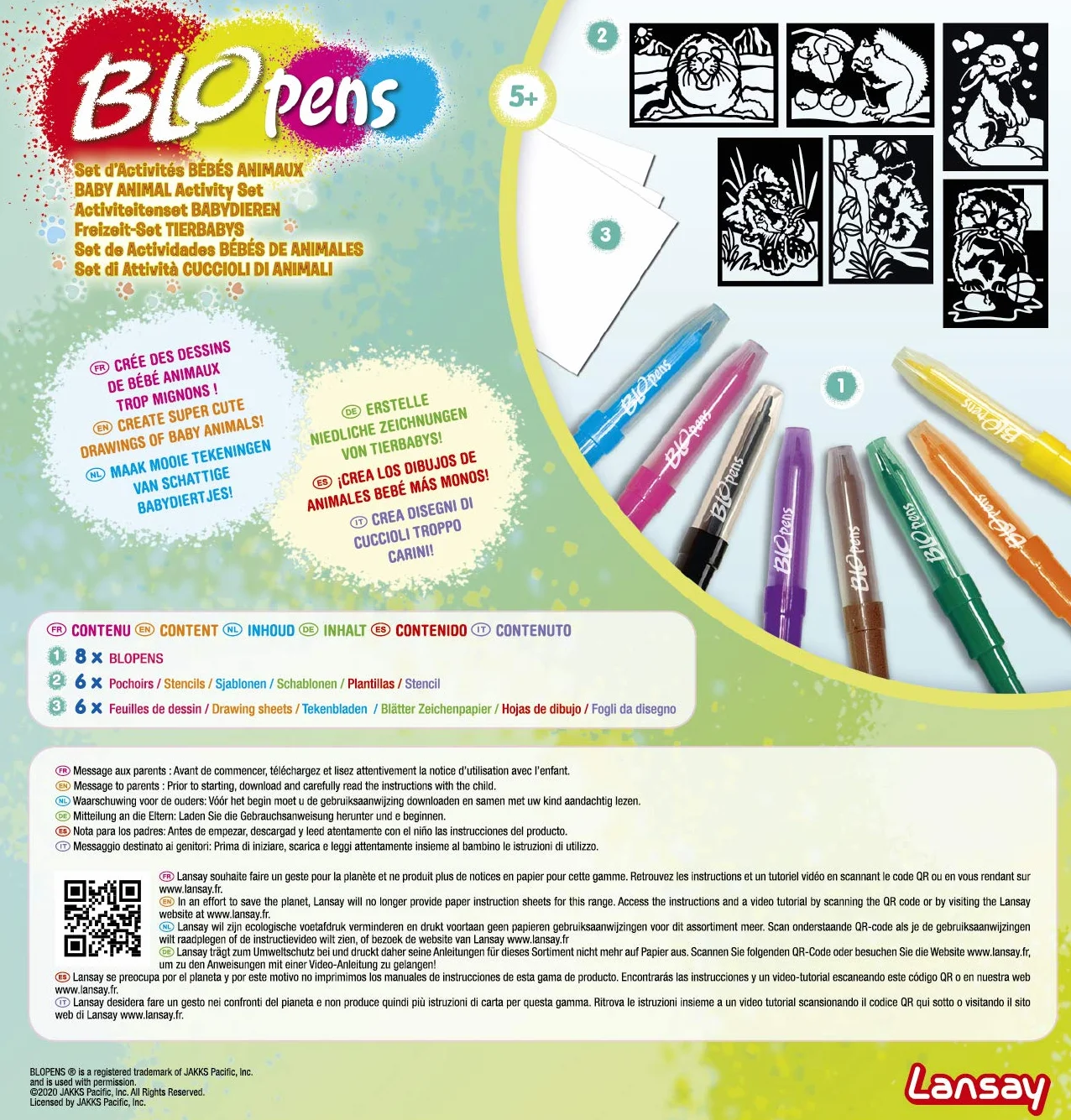 Lansay BLOPENS Set Activités Bébés Animaux Feutres Coloriage Souffler Pochoirs Réutilisables Cadeau Enfants 5 Ans