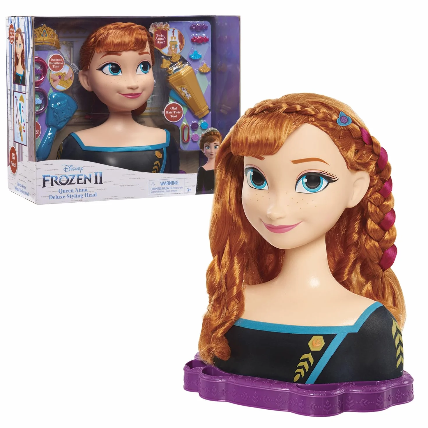 Disney LA REINE DES NEIGES 2 Anna Tête à Coiffer Deluxe 18 Accessoires de Coiffure Jouet Enfants 3 Ans