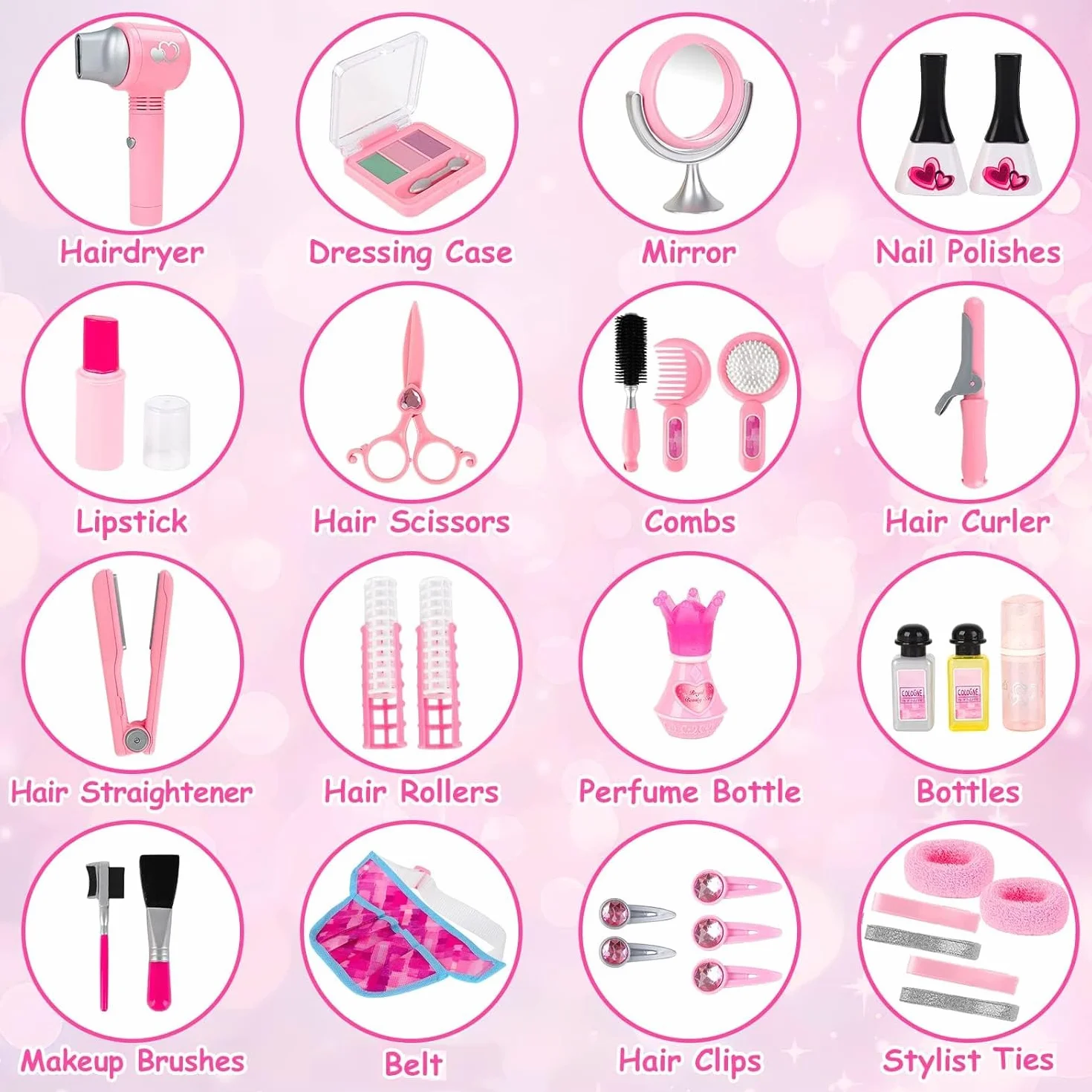 deAO Ensemble de Salon de Beauté pour Filles 35 Pièces, Jeu de Simulation Coiffeur avec Sèche-Cheveux, Miroir et Fer à Friser
