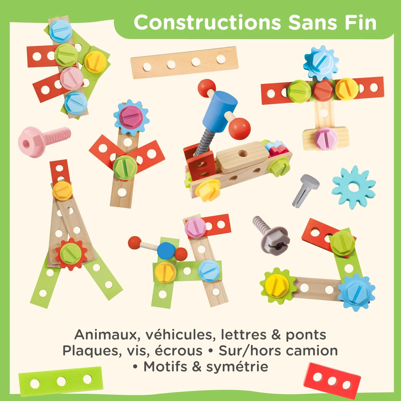 Nene Toys Camion Busy Board Montessori – Tableau d’Activités & Caisse à Outils en Bois FSC® avec 3 Interrupteurs LED, 8 Modes – Jouet à Tirer, Construction, Motricité, 2-6 Ans