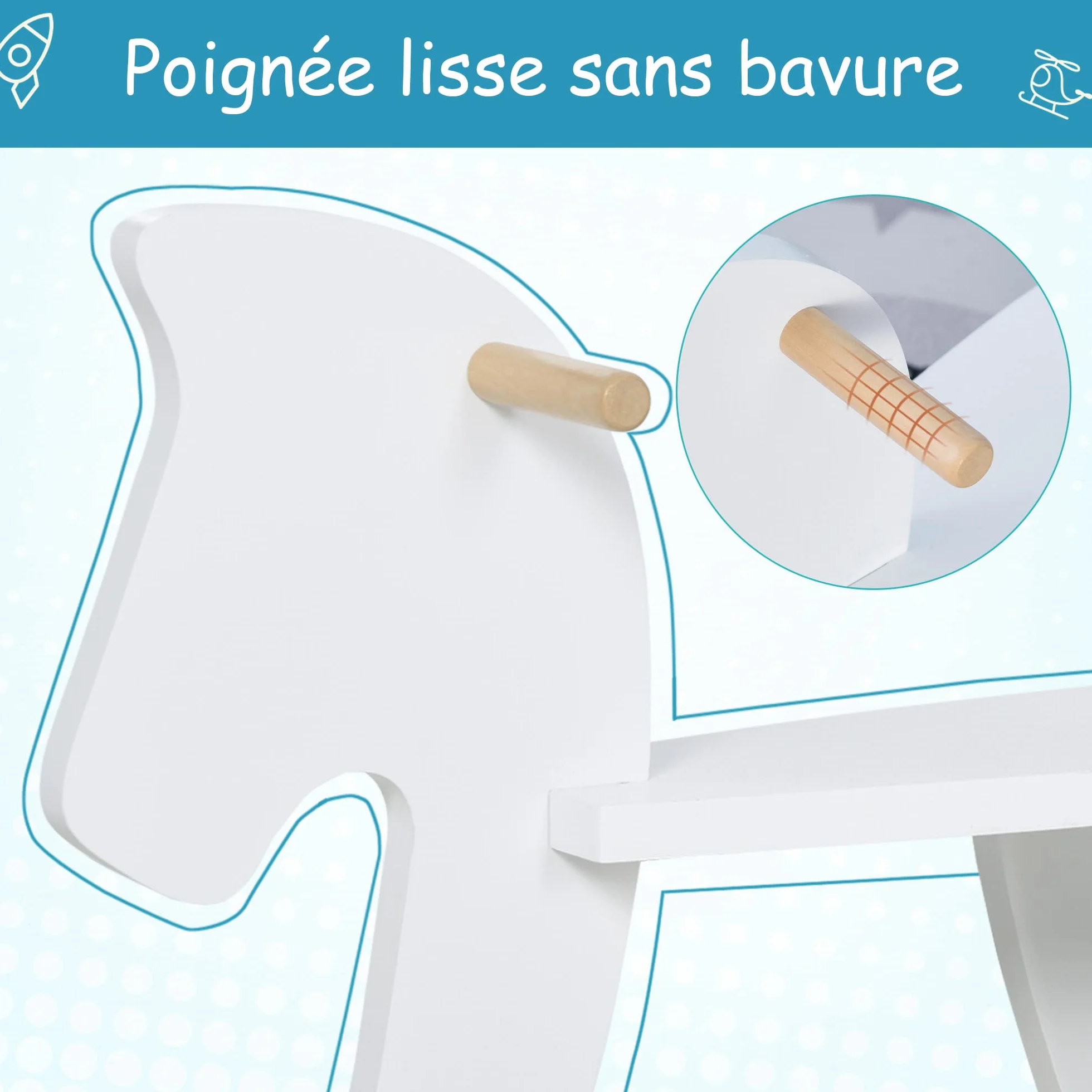 HOMCOM Cheval à Bascule en Bois avec Poignées, Repose-Pied et Butées - MDF Contreplaqué Blanc et Bois Naturel