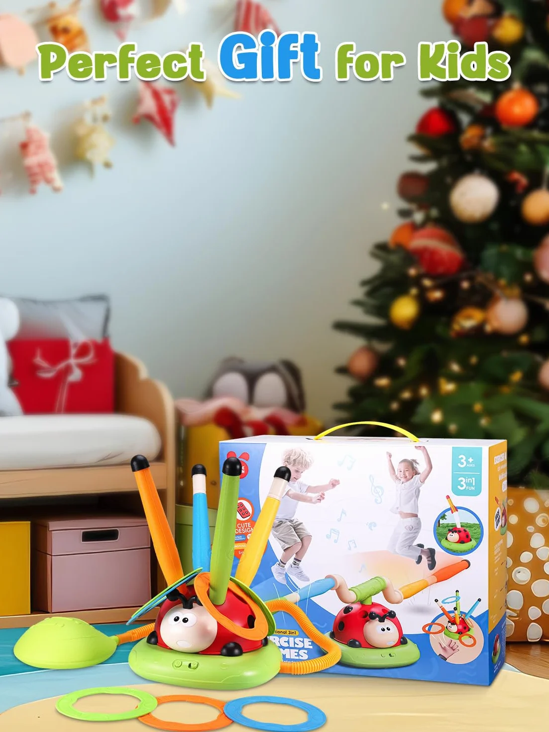 3 IN 1 Jeux Exterieur Enfant Kit, Jeu de Lancer d’Anneaux, Fusée Jouet, Saut Musical, Jeux Enfants 3-9 Ans Noel Cadeau Anniversaire