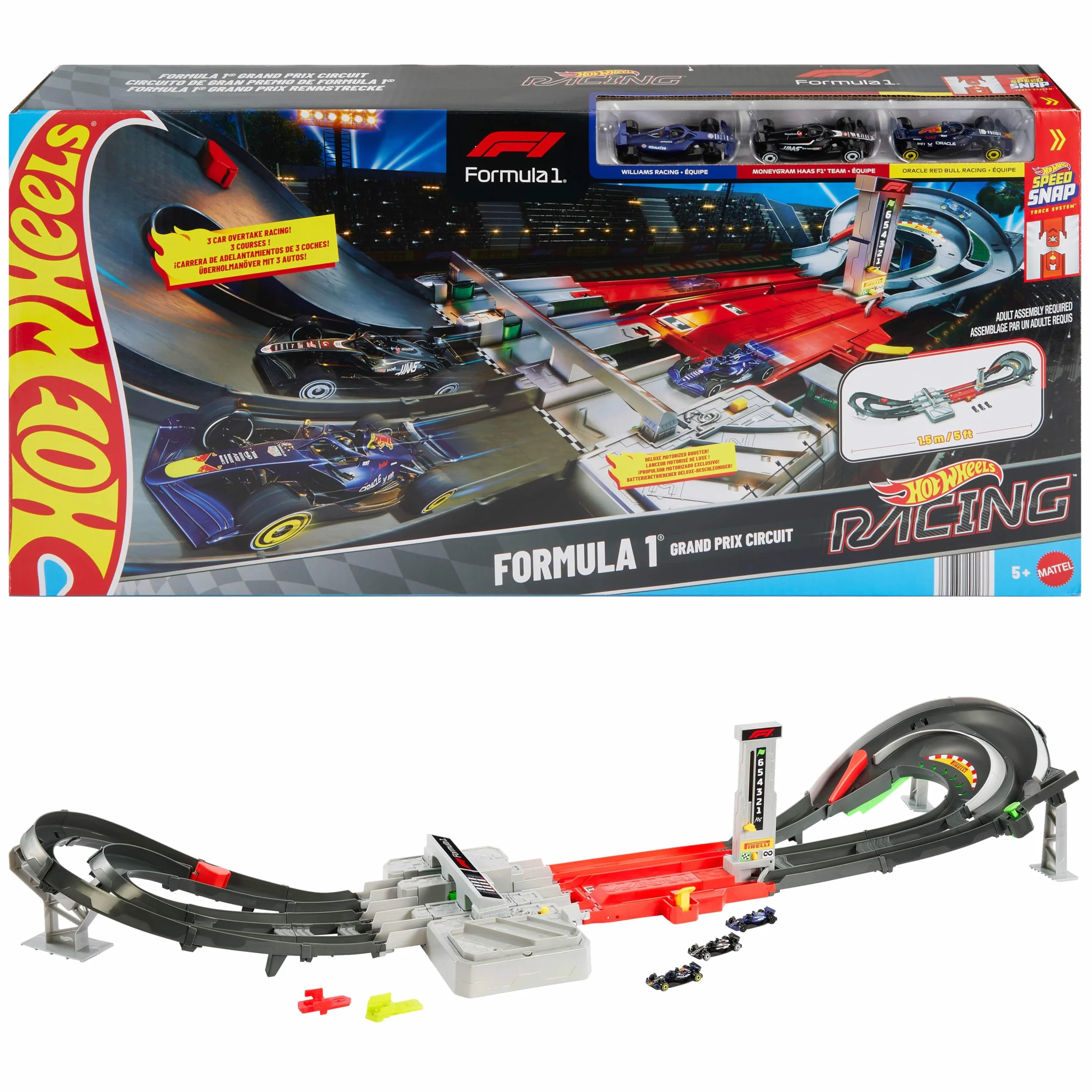 Hot Wheels Coffret Circuit Grand Prix Formule 1 3 Voitures 1/64 Propulseur Motorisé JLB13