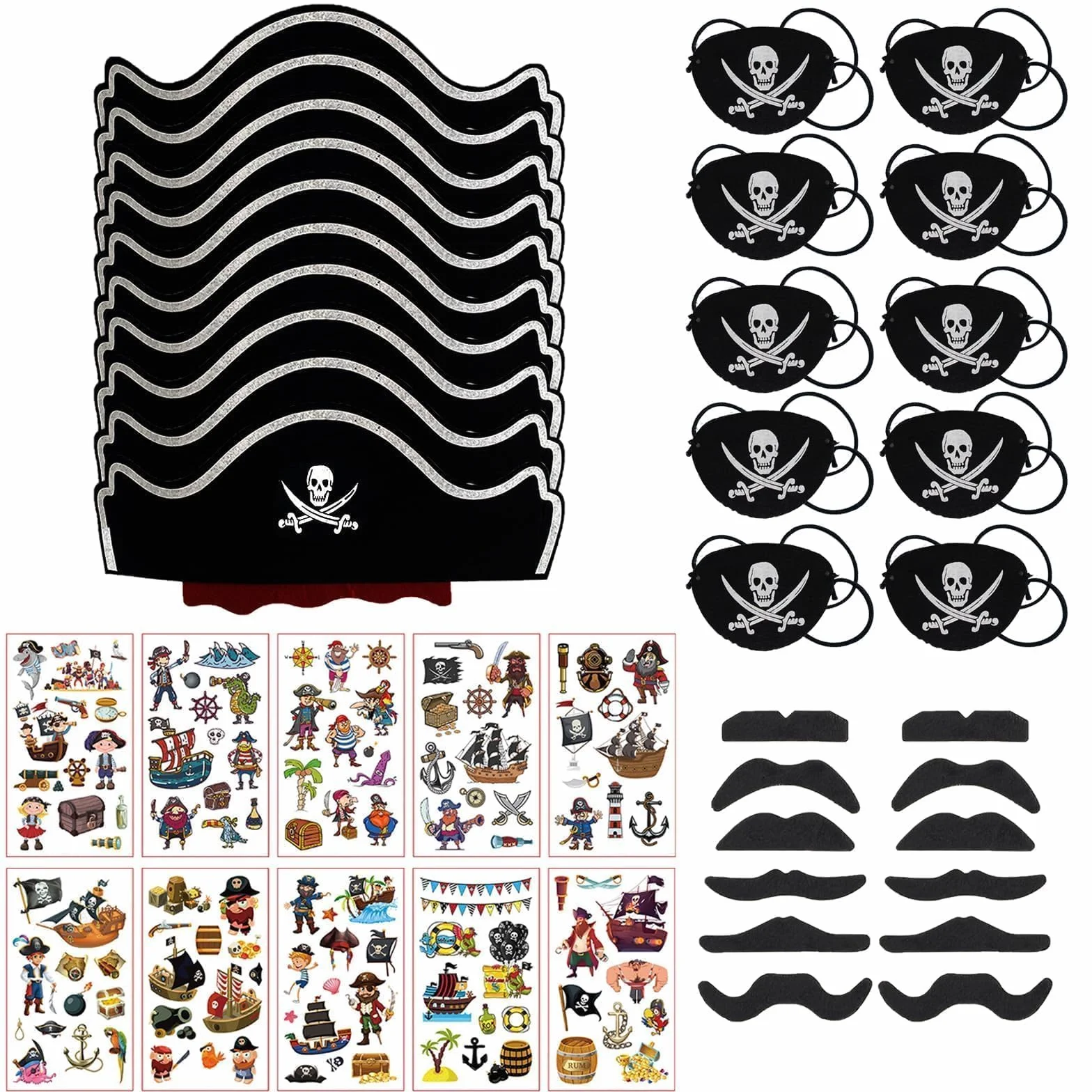 Chapeaux de déguisement pirate - Kit anniversaire complet avec cache œil, tatouage et décoration