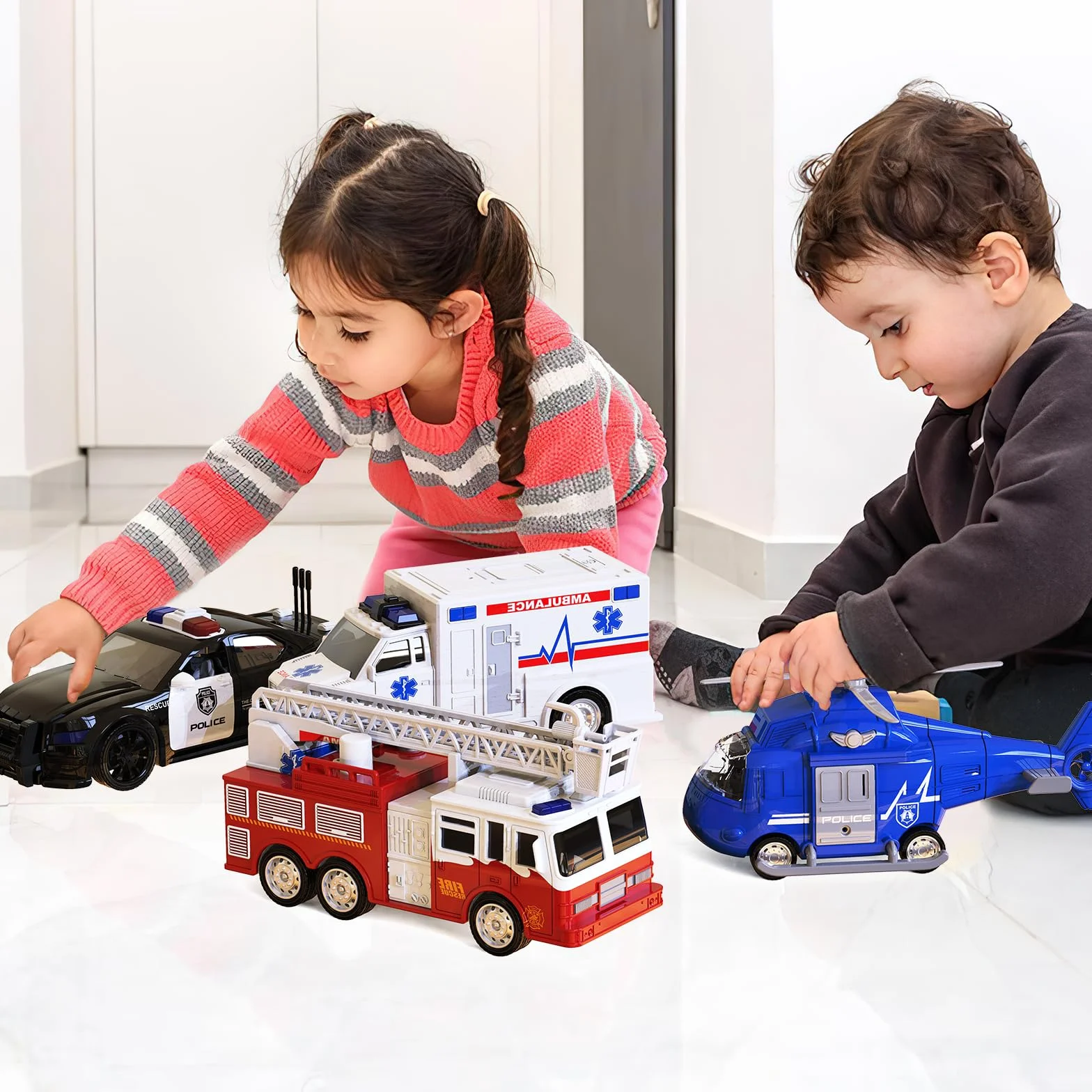 Jouets de véhicules d'urgence EPPO 4 Paquets pour Enfants, hélicoptère, Voiture de Police, Camion de Pompier, Cadeau 3-12 Ans