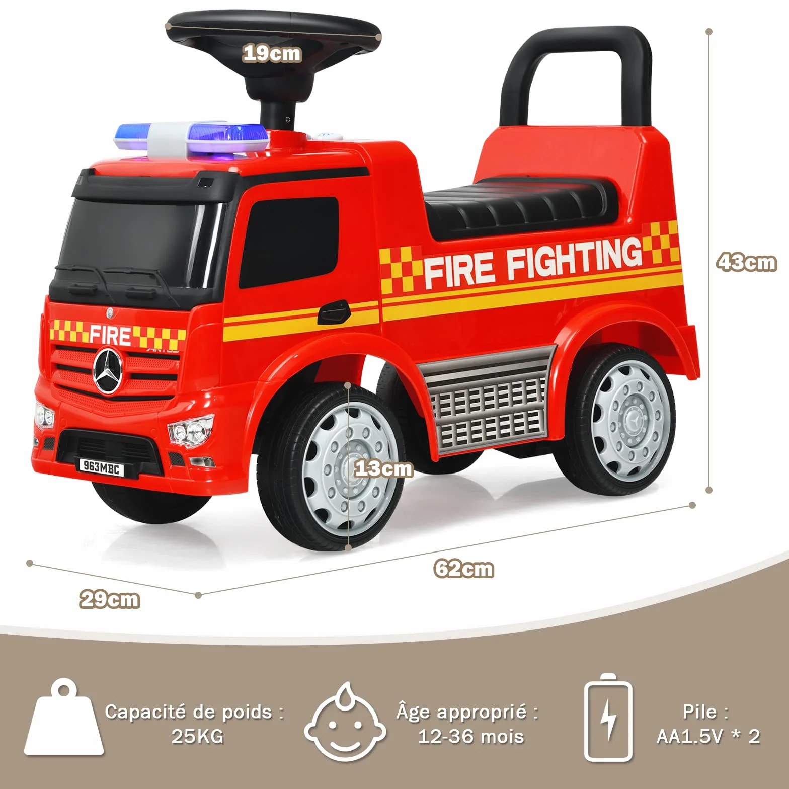 Mercedes Benz Porteur Enfants 12-36 Mois Voiture Pompiers Trotteur Sonore Lumière 25KG 62x29x43cm