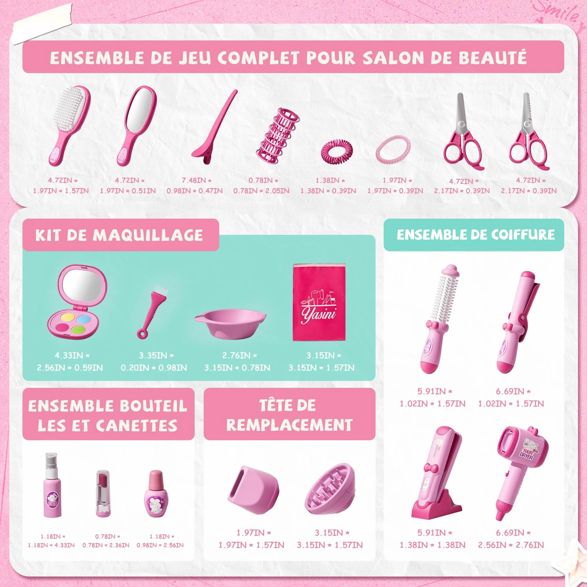 Kit de Salon de Coiffure pour Filles, 28 Pièces Jouets avec Son et Lumières, Jeu de Rôle 3-8 Ans
