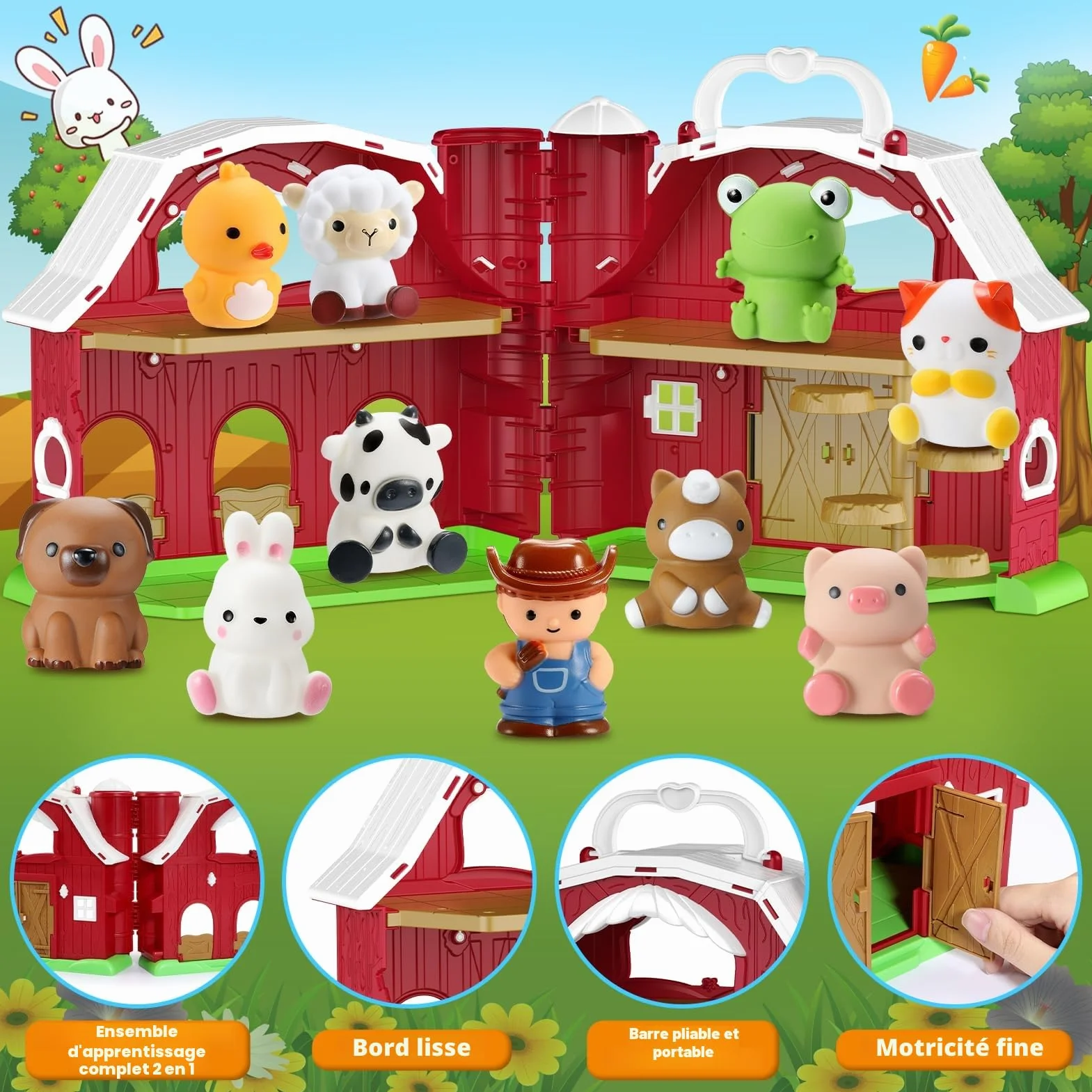 Jouet Ferme Montessori pour Bébé 1-4 Ans, Grange Dépliable avec 9 Animaux & Fermier - Jeux Éducatif Portable
