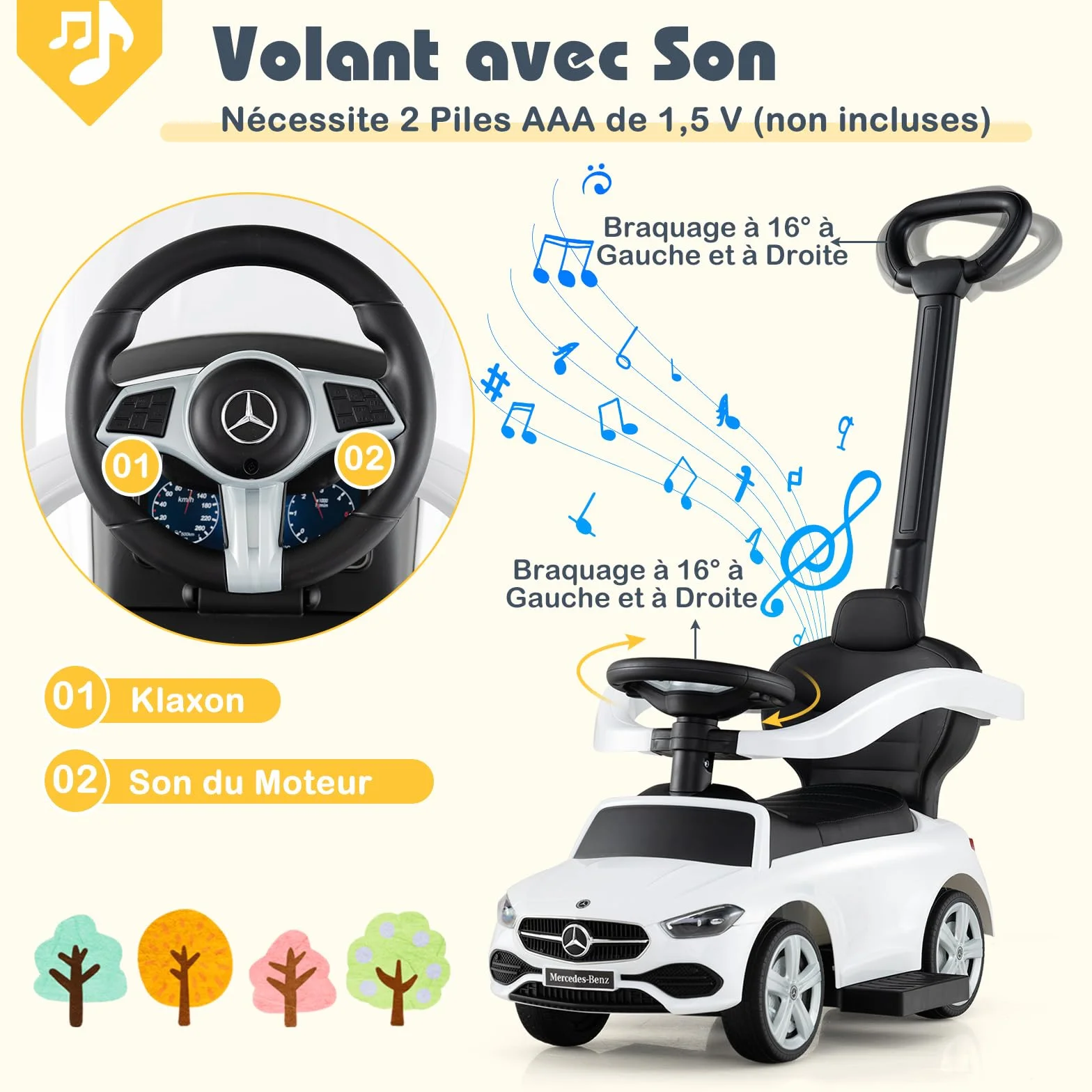 COSTWAY Mercedes-Benz Porteur Enfant 3 en 1 avec Volant Klaxon Son de Moteur, Voiture à Pousser 25kg 18-36 Mois Blanc