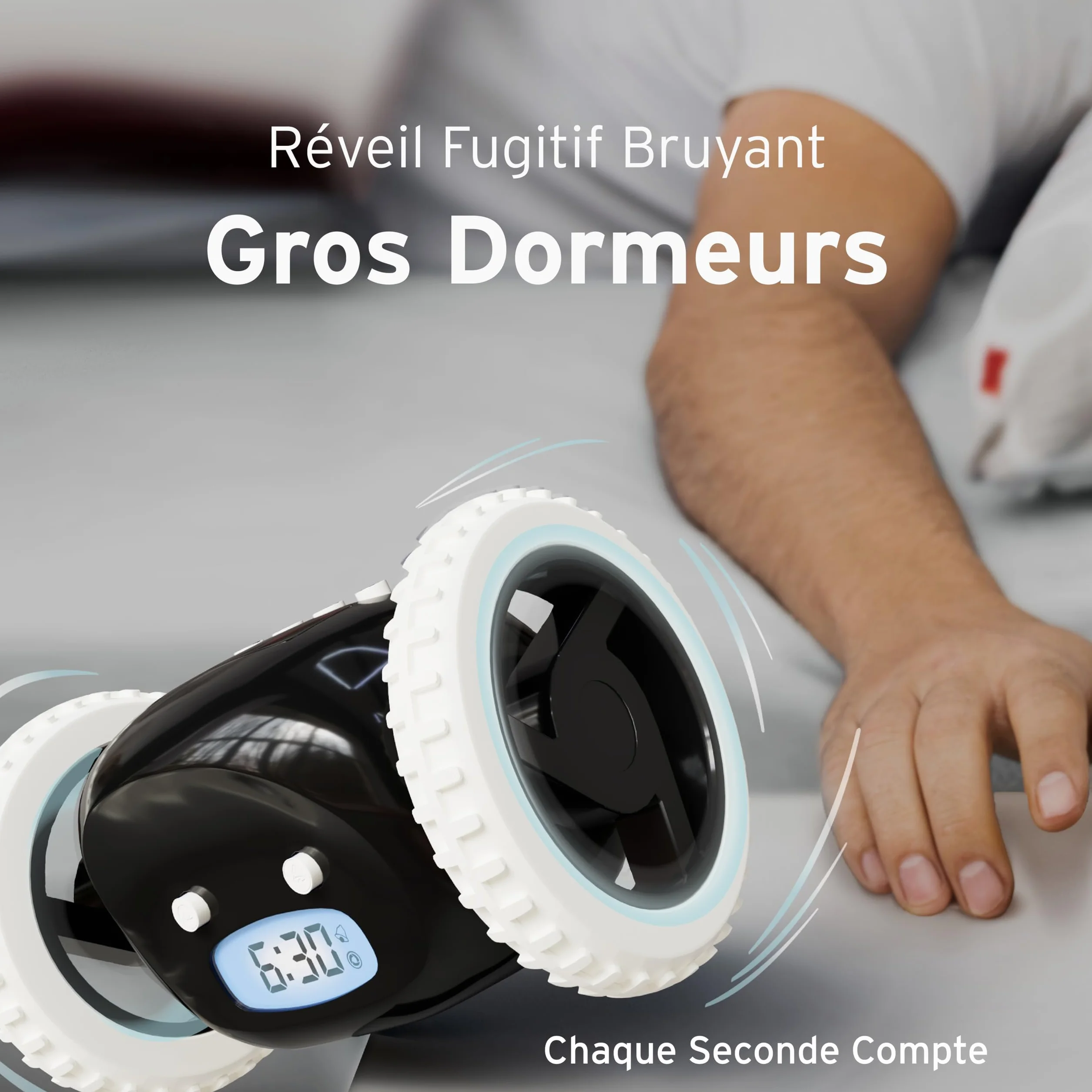 CLOCKY Réveil Matin Roulant Forte Sonnerie Puissant LED Noir