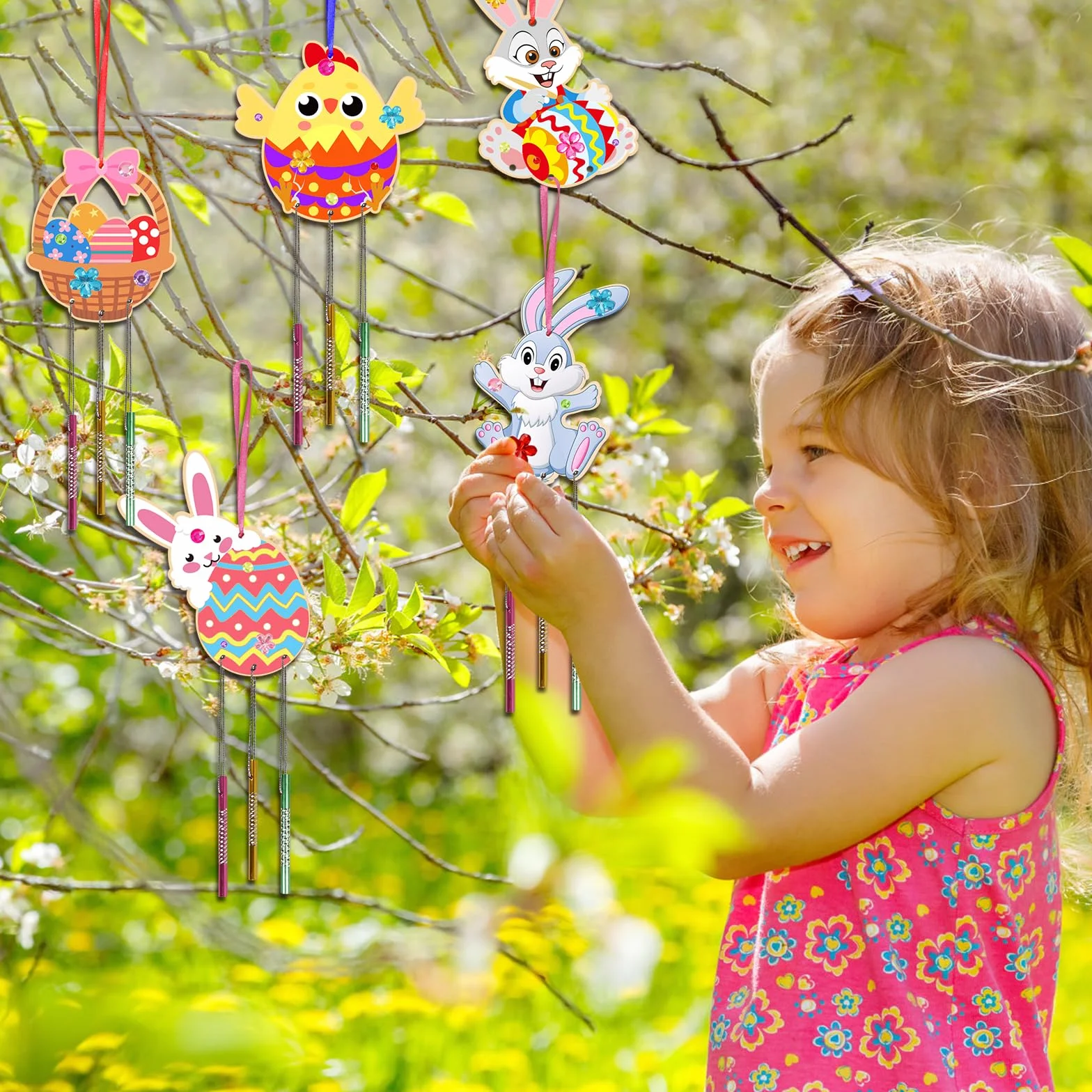HONMOK Carillon Vent Lapin Poussin Oeuf Panier Gravé en Bois avec Pinceaux Peinture pour Enfants Loisirs Créatifs Pâques DIY