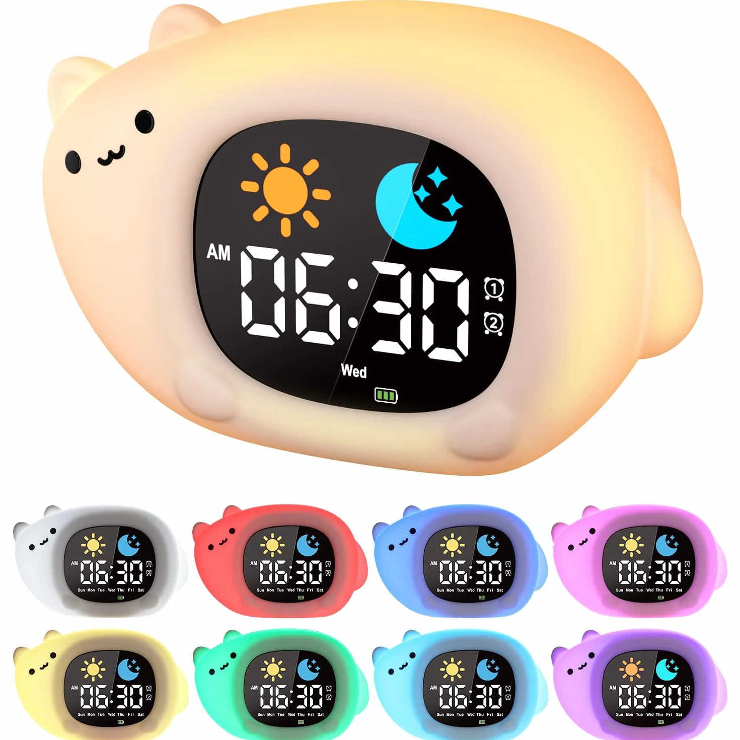 YISSVIC Réveil Enfant Educatif Jour Nuit 2 Alarme 12/24 Heure Snooze Luminosité Réglable 7 Couleurs 10 Chansons Chat