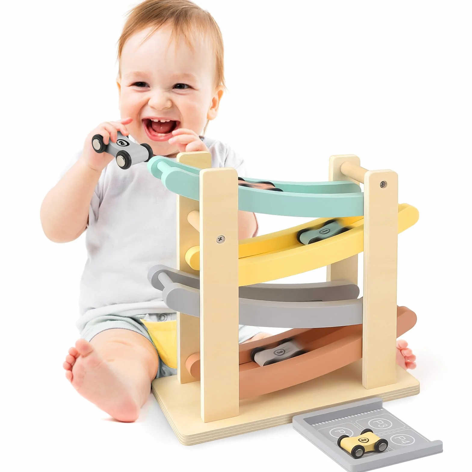 Vanplay Jouet Garcon 1 Ans Jouet Voiture Bebe Jouet en Bois avec 4 Mini-Voitures et Garage, Cadeau Enfant 1 2 Ans