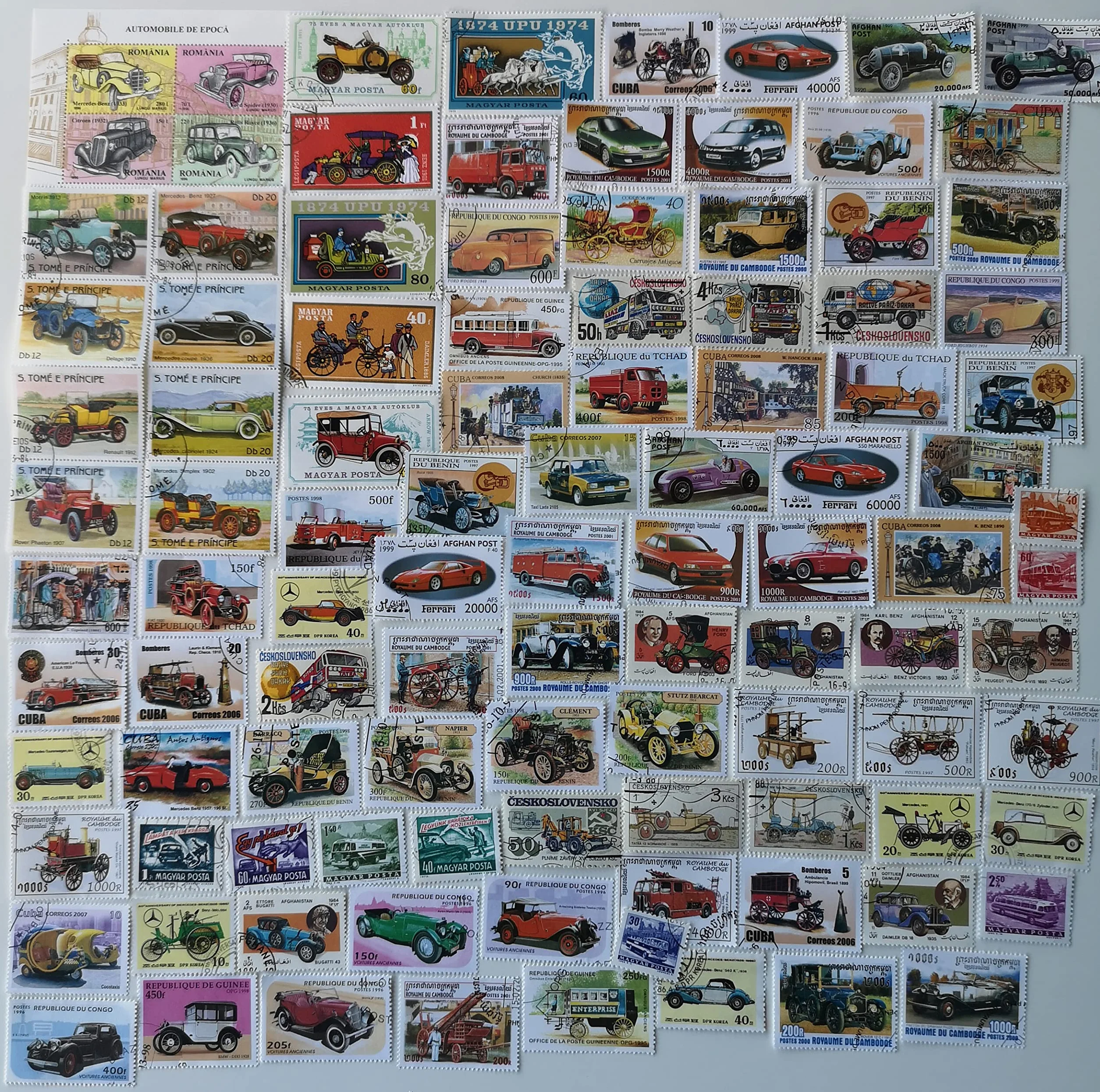 Lot de 100 timbres différents pour voitures et véhicules