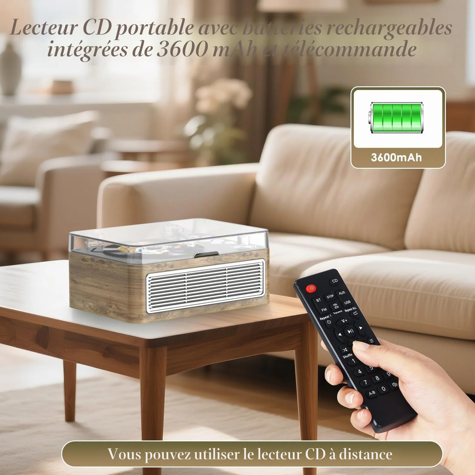 Lecteur CD Bluetooth Portable 3600mAh Rechargeable Vintage Bois de Chêne Radio FM avec Télécommande Prise USB AUX