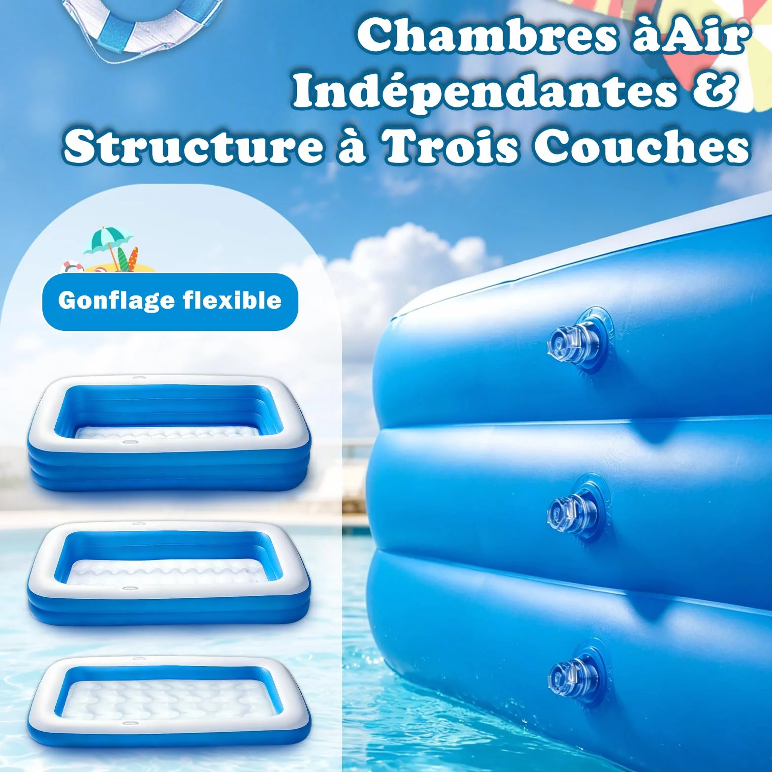 Piscine Gonflable Enfants Rectangulaire avec Ballons et Pistolets à Eau, Pataugeoire pour Jardin Extérieur Été (Bleu)