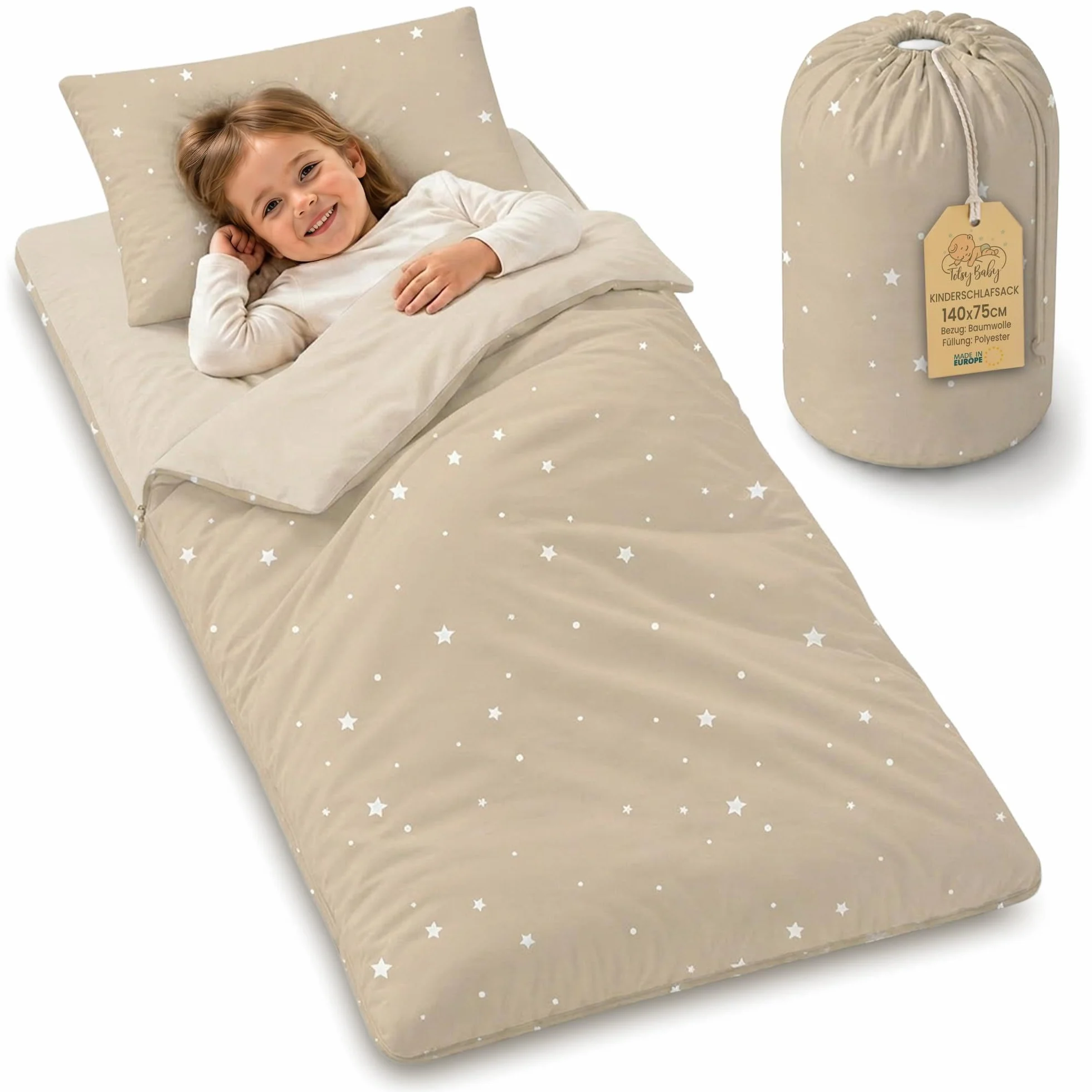 Sac de Couchage Enfant Oeko-Tex avec Coussin et Fermeture éclair 3-7 Ans