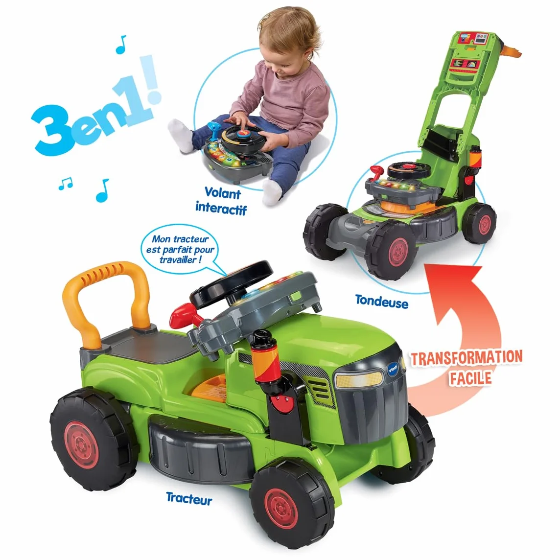 VTech Super Tracteur Magi Tondeuse Vert 3 en 1 Porteur Pousseur Bébé Jouet d'Éveil