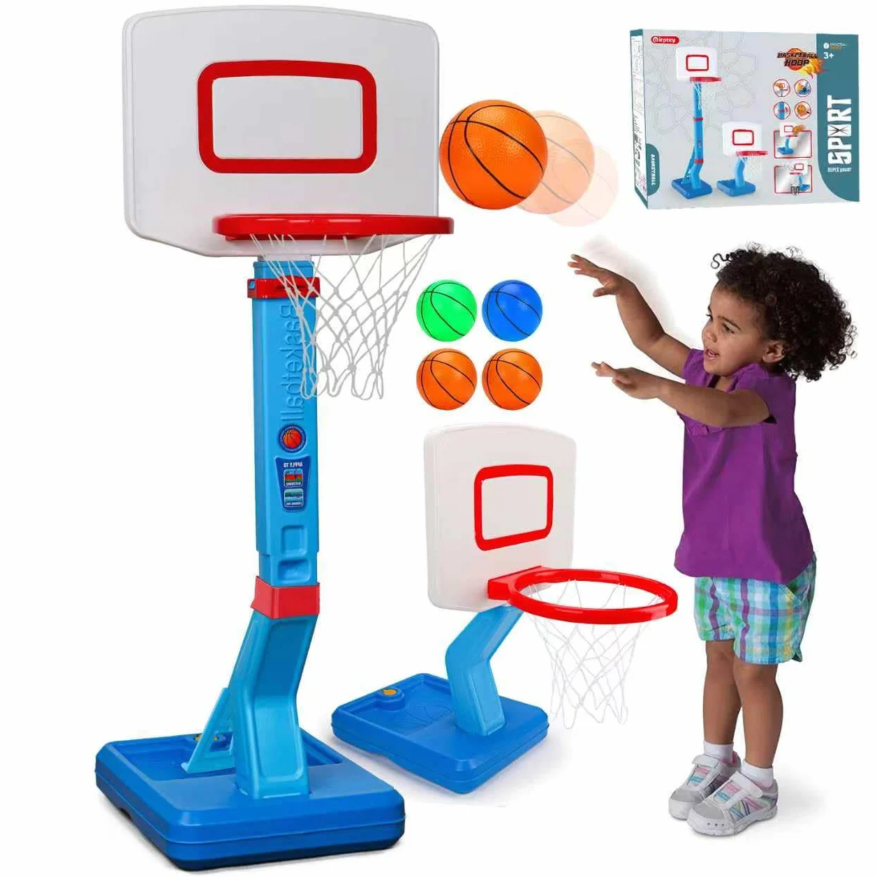 Panier de Basket Enfant Hauteur Réglable 70-138cm avec Ballon et Pompe, Jeu Extérieur Bleu