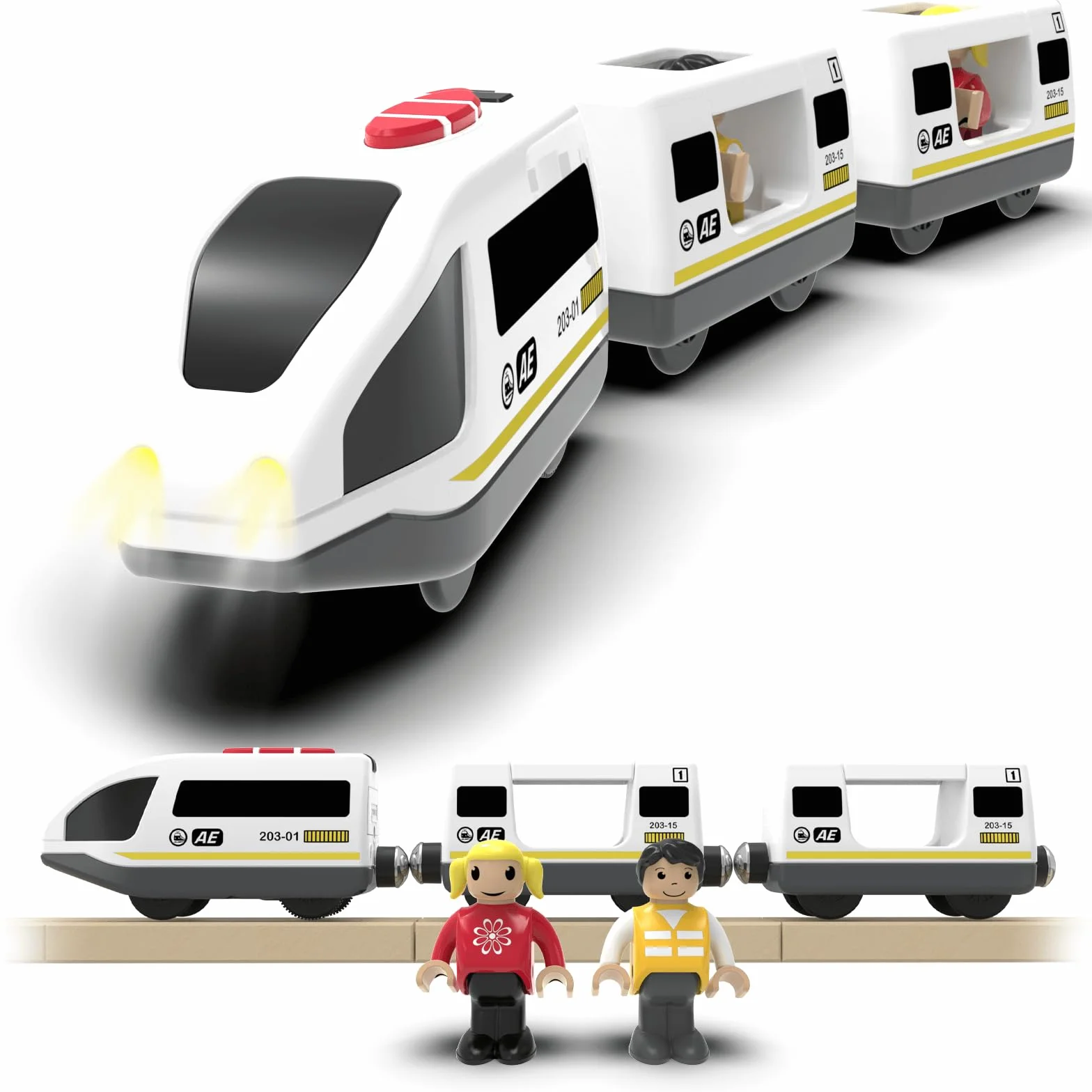 DxxD Train à Piles pour Chemin de Fer en Bois, Jouet Train de Locomotives Son et Lumière, Véhicules Électrique Enfant 3-8 Ans Compatible Brio Thomas