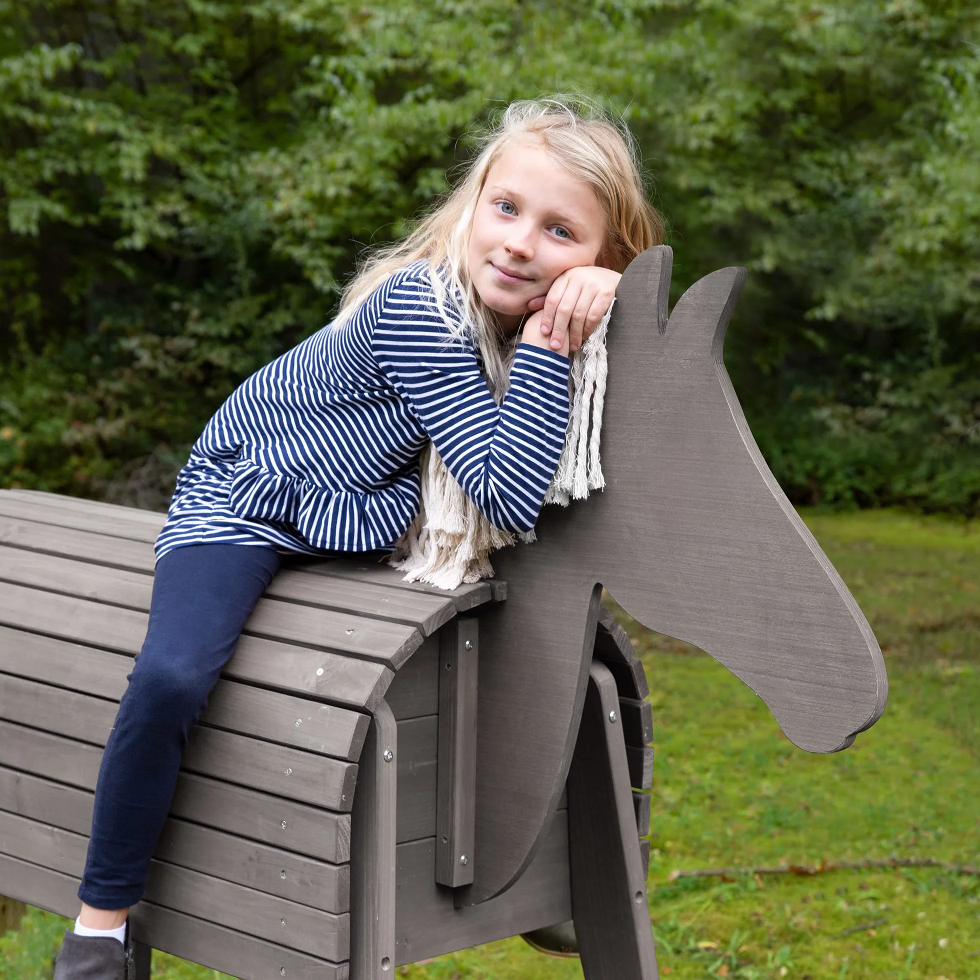 Cheval d'Équitation en Bois Massif pour Enfants - Hauteur d'Assise 89 cm - Teinté Gris