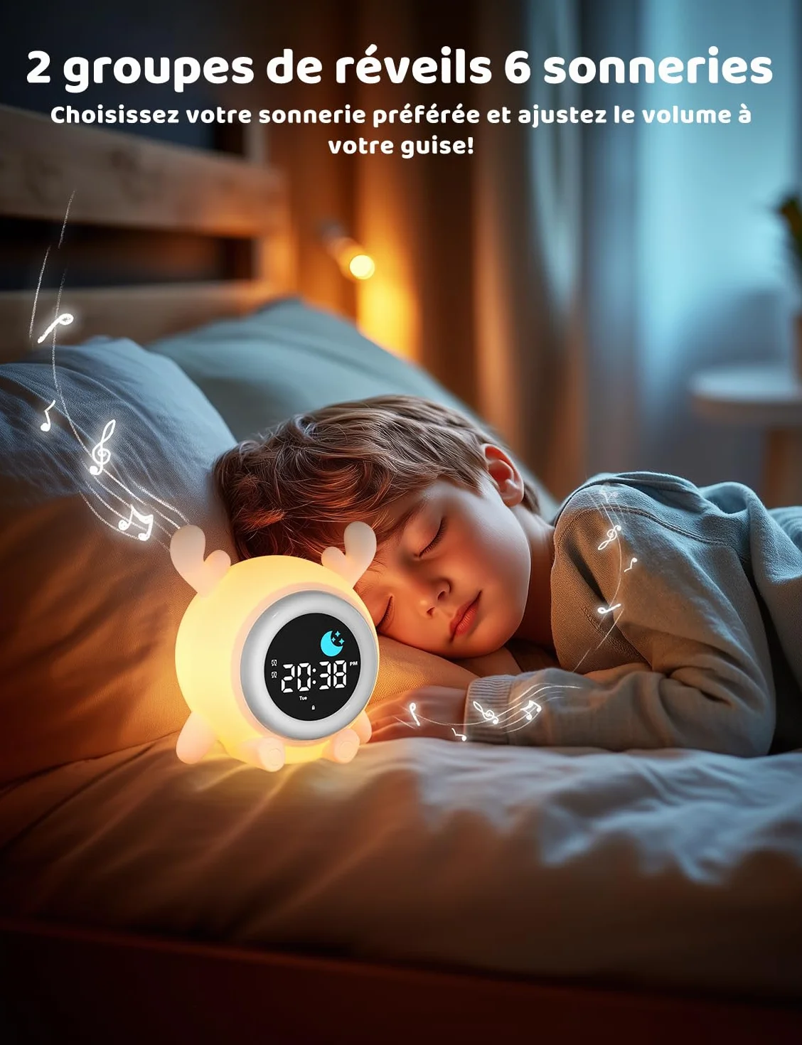YISSVIC Réveil Enfant Educatif Jour/Nuit 2 Alarme 12/24 Heure Snooze Luminosité Réglable 7 Couleurs 10 Chansons