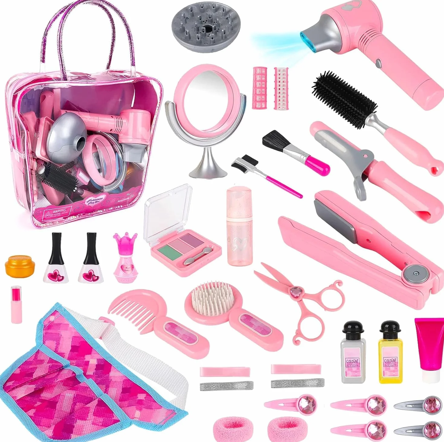 deAO Ensemble de Salon de Beauté pour Filles 35 Pièces, Jeu de Simulation Coiffeur avec Sèche-Cheveux, Miroir et Fer à Friser