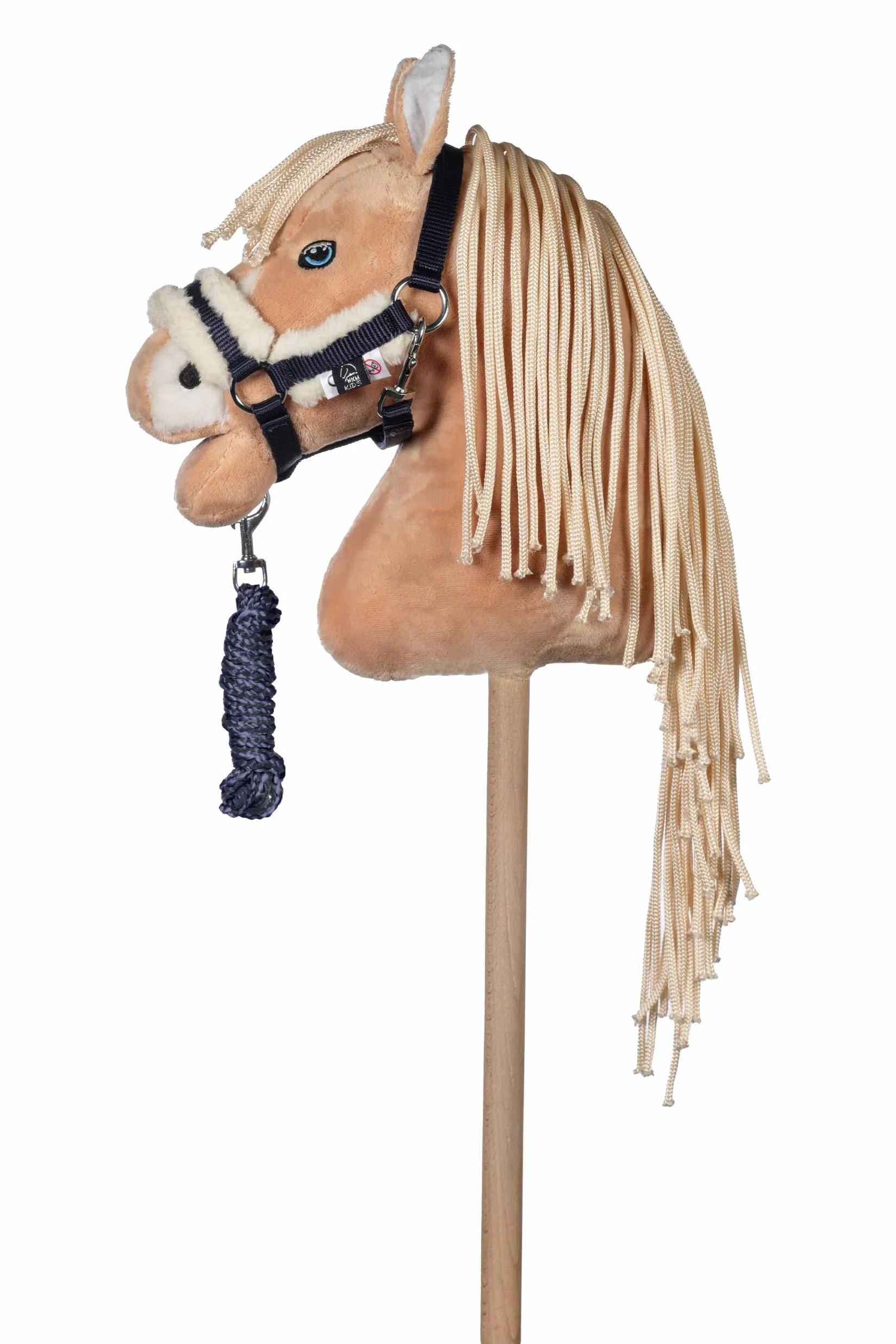 HKM Kids Cheval à bâton Palomino Beige avec licol et longe bleu foncé