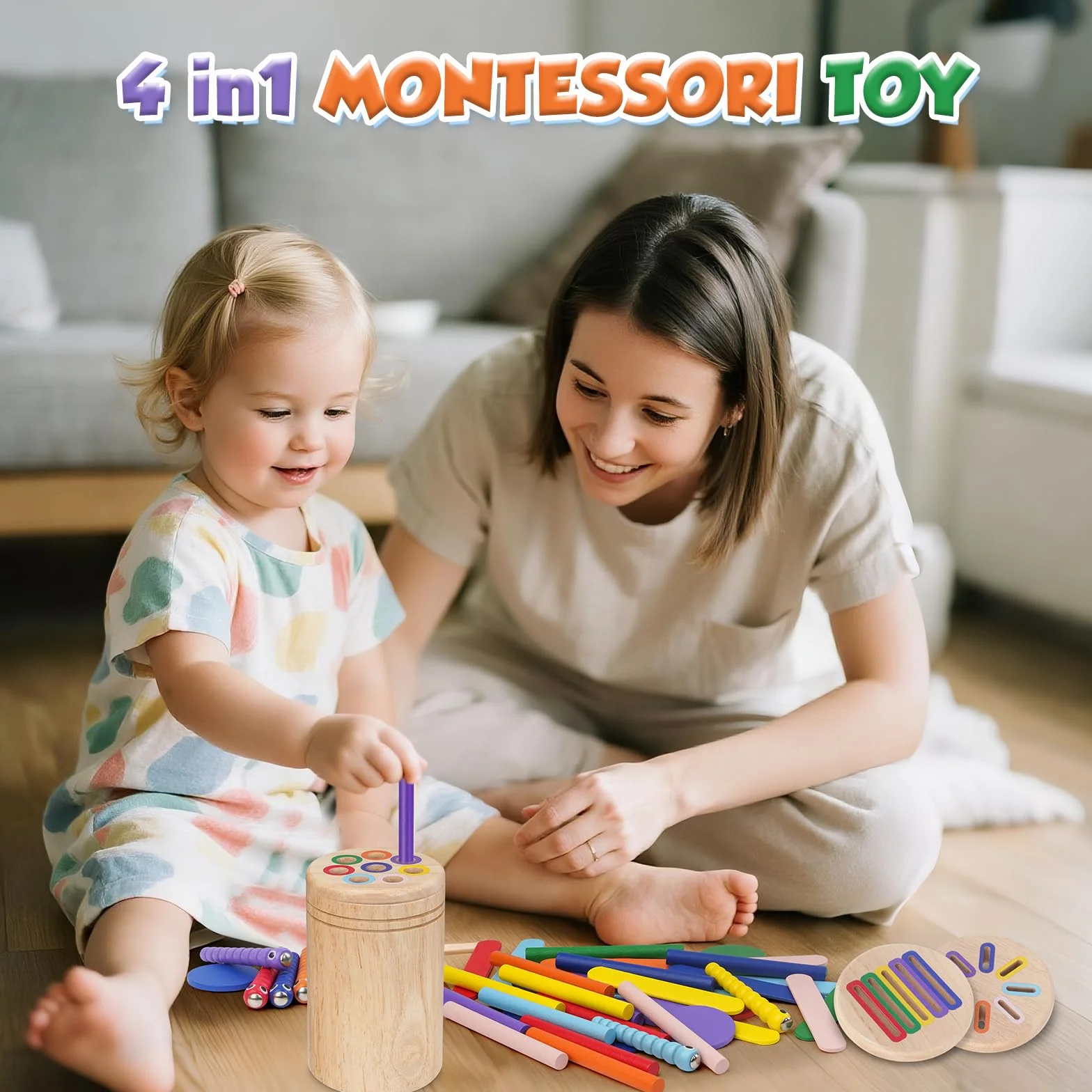 Jouet Montessori 4 en 1 pour Enfant 1-3 Ans, Jeu Educatif Apprendre les Couleurs avec Sac de Rangement