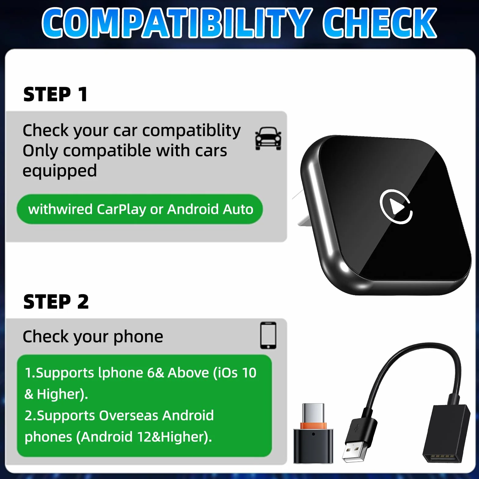Adaptateur CarPlay sans fil Puce quadricœur 5G sans Latence Compatible Véhicules Après 2016