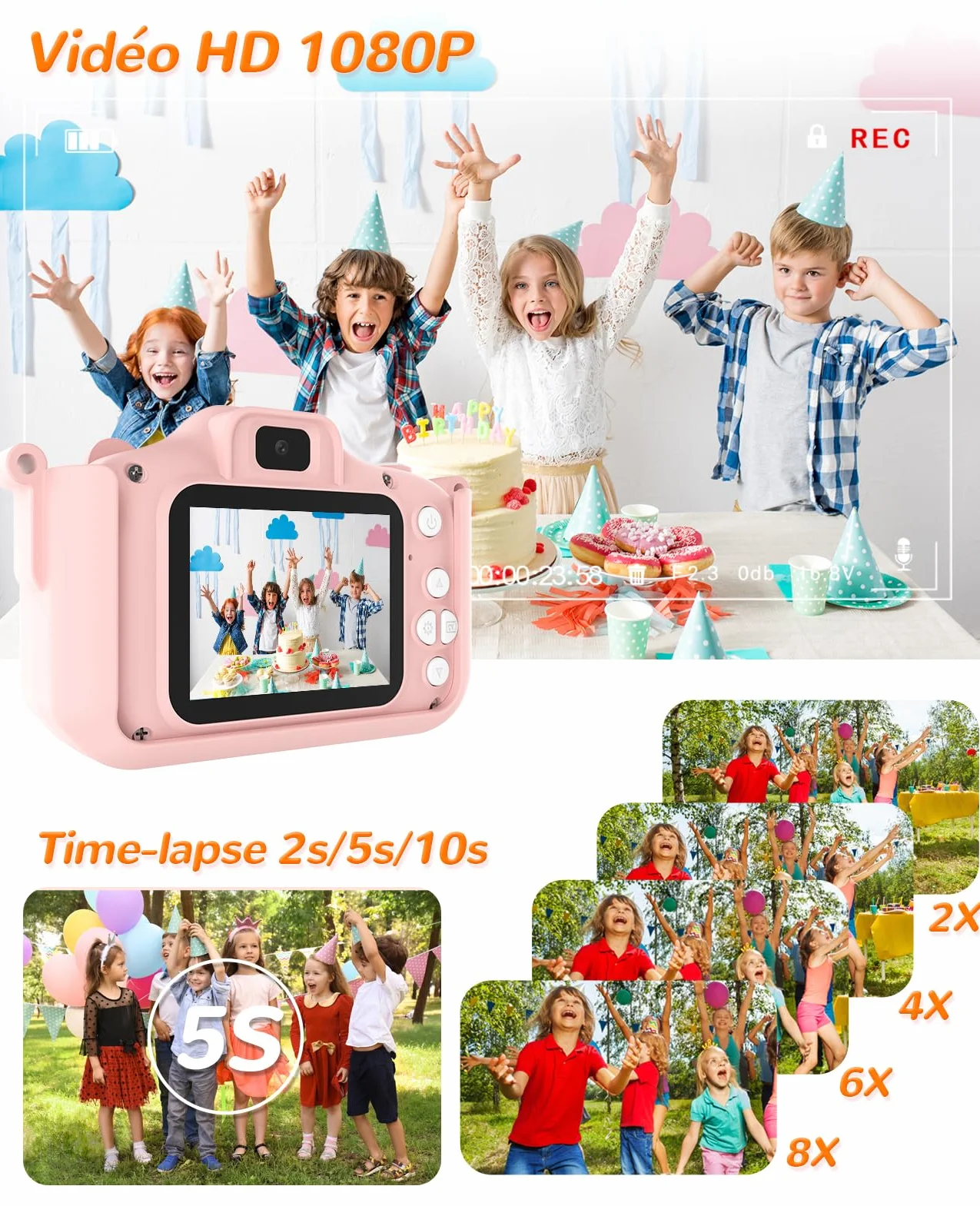 Appareil Photo Numérique Enfants 1080P Écran IPS 2.0 Pouces 44 Cadres Magiques 5 Jeux Éducatifs 3-10 Ans