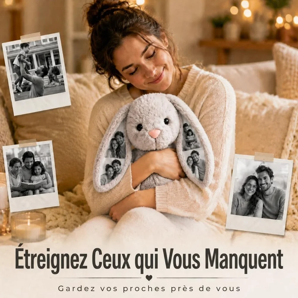 Peluche Lapin Personnalisé avec Photo Coussin Animal pour Femme Couple Cadeau Anniversaire