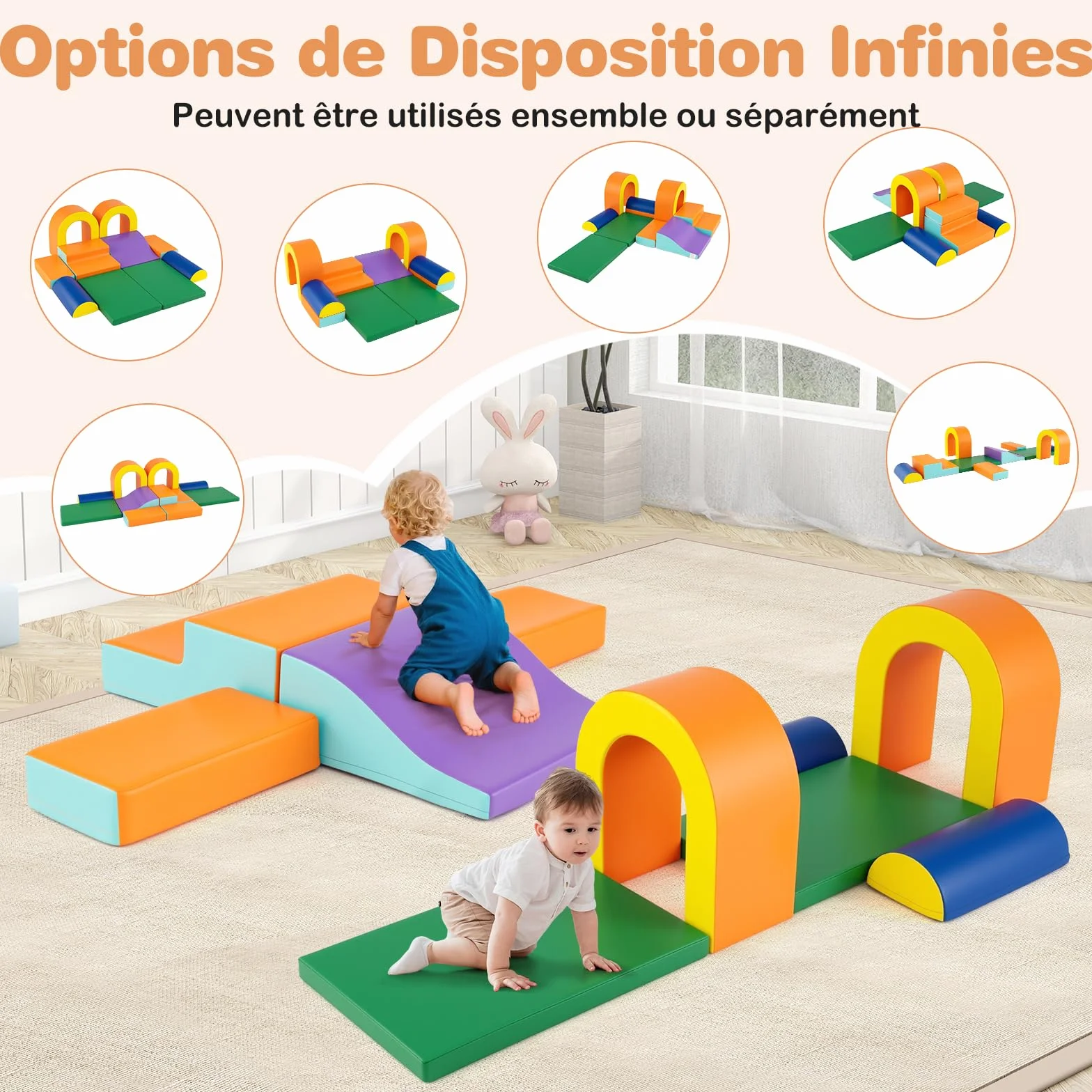 COSTWAY Module Motricité Bébé avec Toboggan & Escalier, Parcours Motricité en Mousse, Jouets Éducatifs Orange