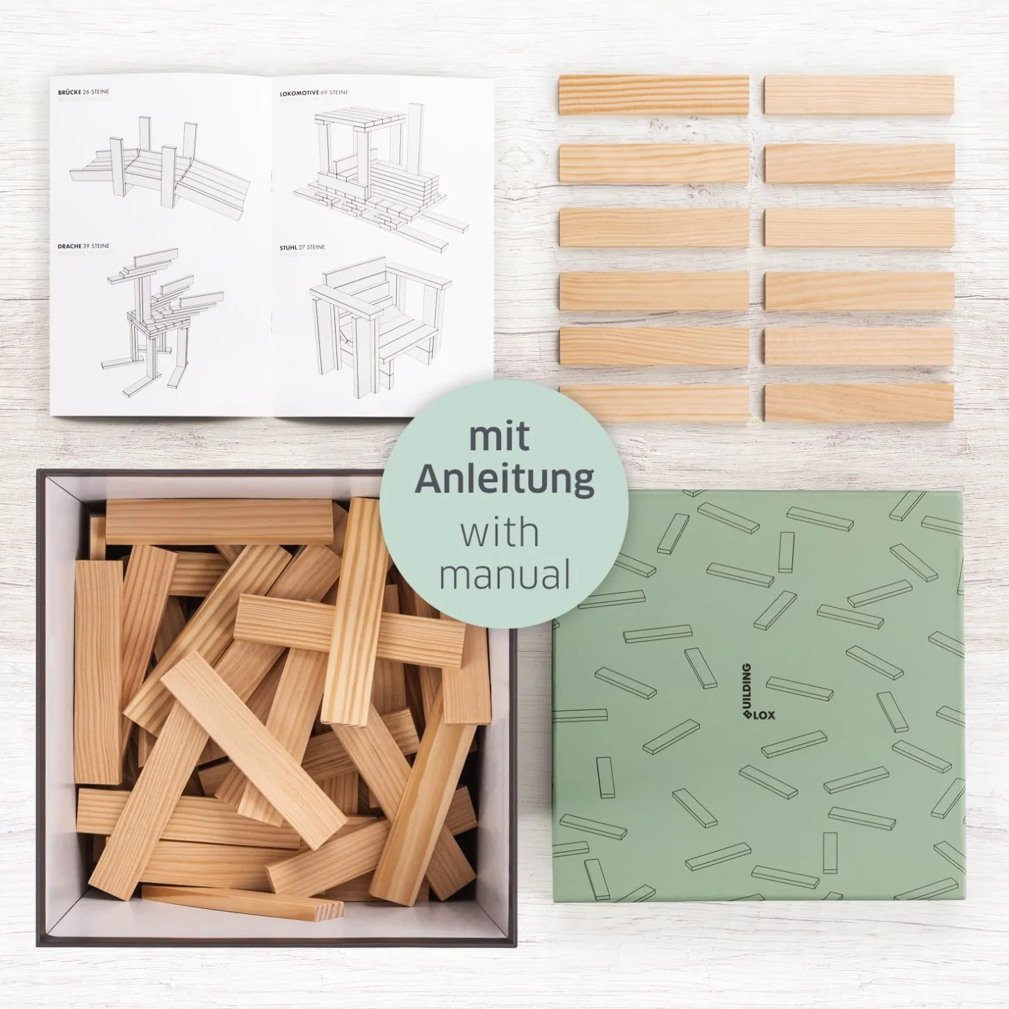 Jeux de Construction en Bois 220 Planchettes Pin Non Traité Cubes à Empiler Enfant