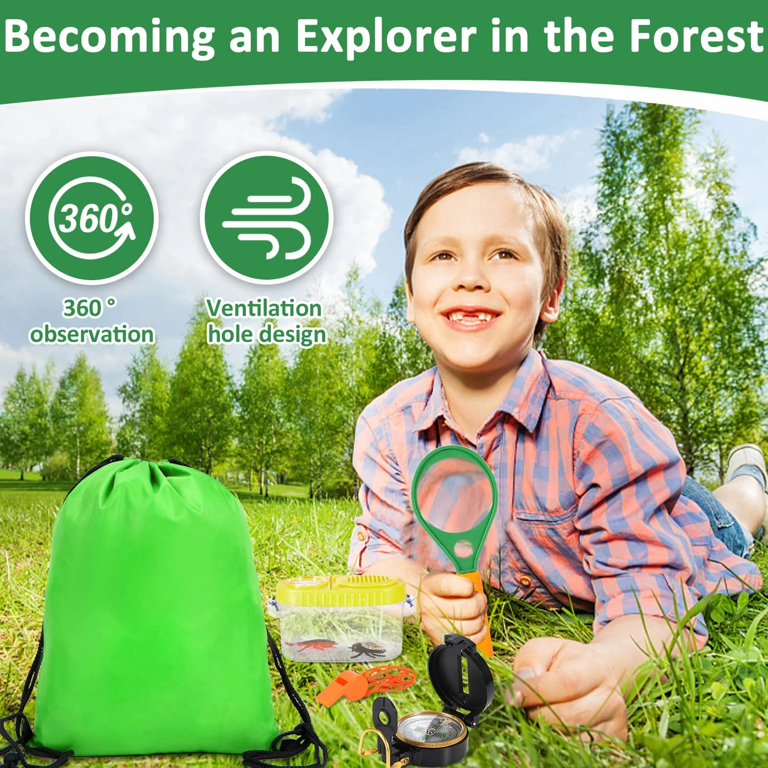Ensemble Explorateur Extérieur 27 Pièces Jouets Kit Exploration Jumelles Aventurier Enfants avec Pince à épiler Attrape-Insectes Boussole Loupe